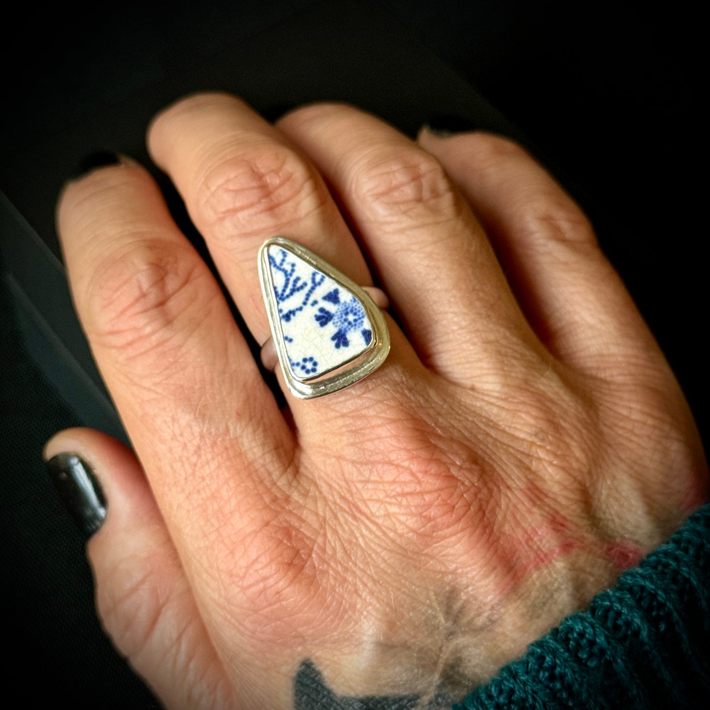 Mexican Sea Pottery Sterling Silver Ring - Size S