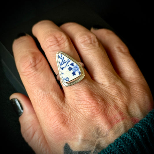 Mexican Sea Pottery Sterling Silver Ring - Size S