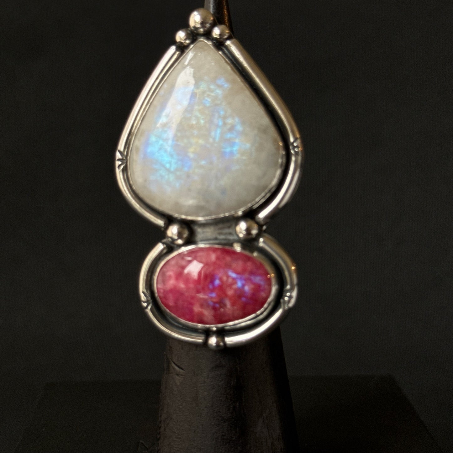 Double Rainbow Moonstone Sterling Silver Ring - Size K