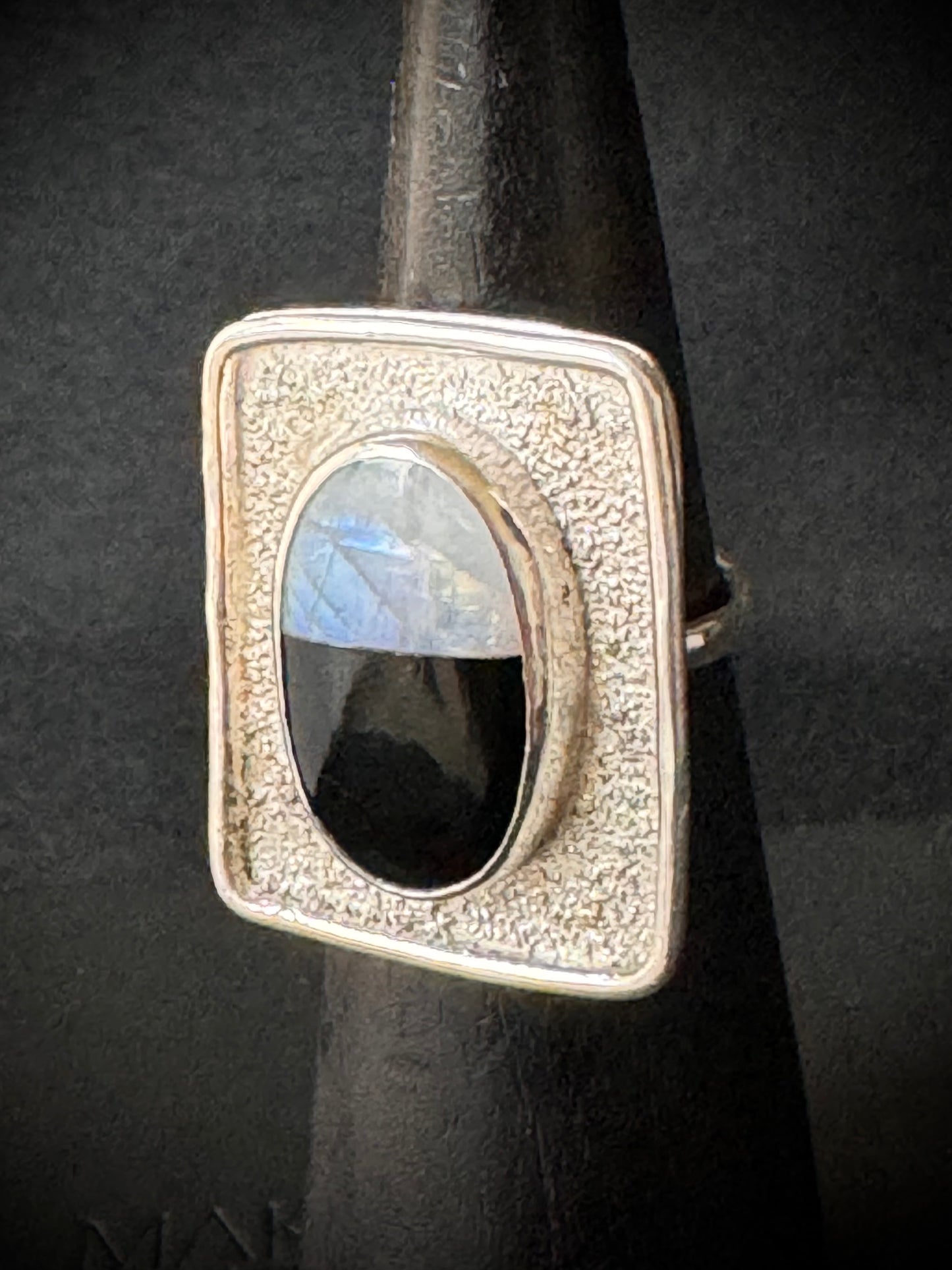 Rainbow Moonstone and Black Onyx Sterling Silver Ring - Size P