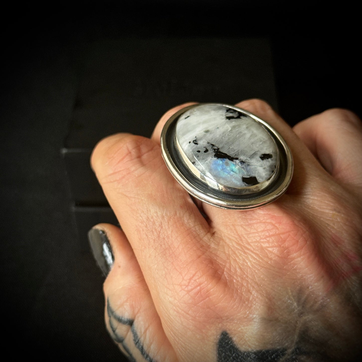 Large Rainbow Moonstone with Black Tourmaline Sterling Silver Ring - Size S