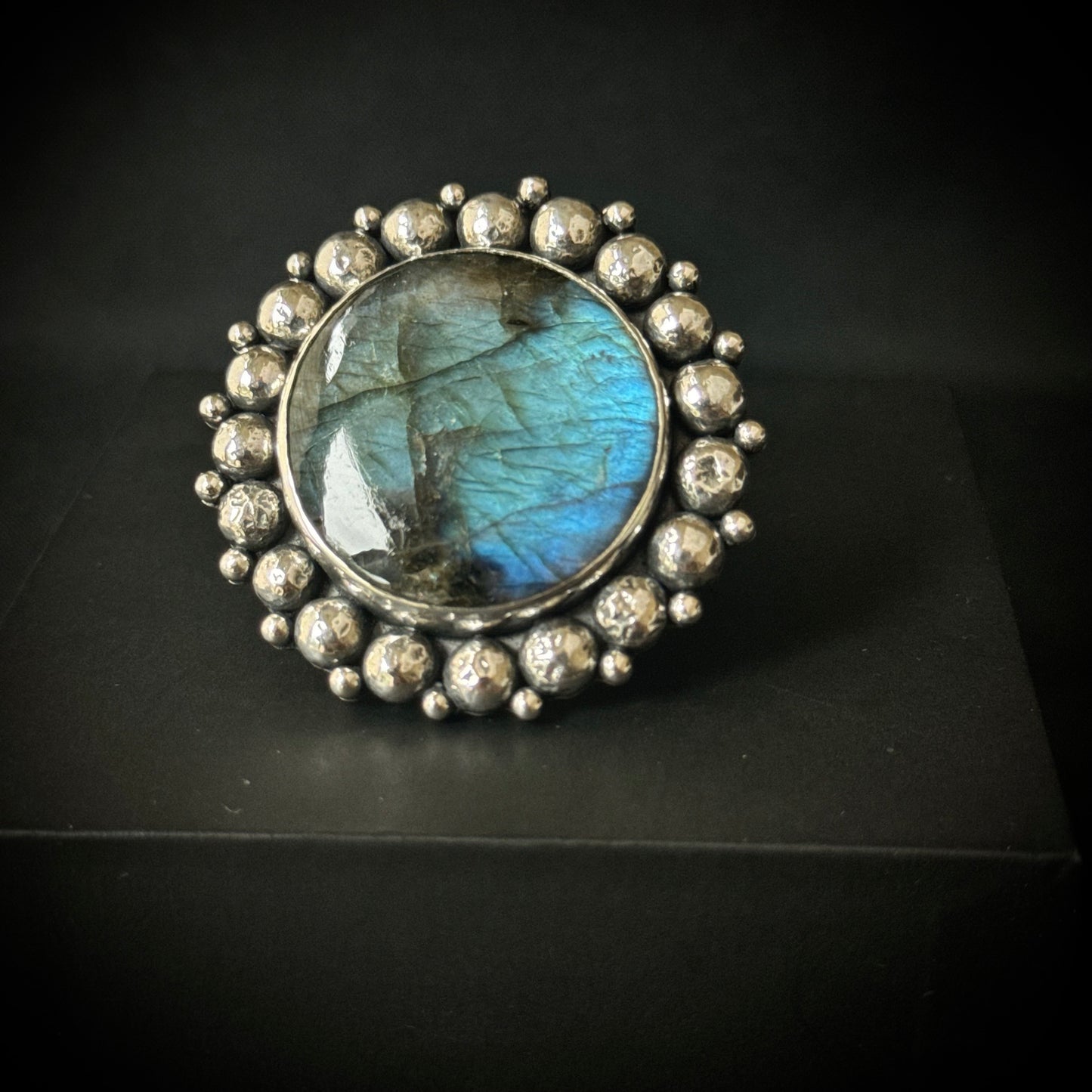 Large Round Labradorite Beaded Sterling Silver Ring - Size P 1/2