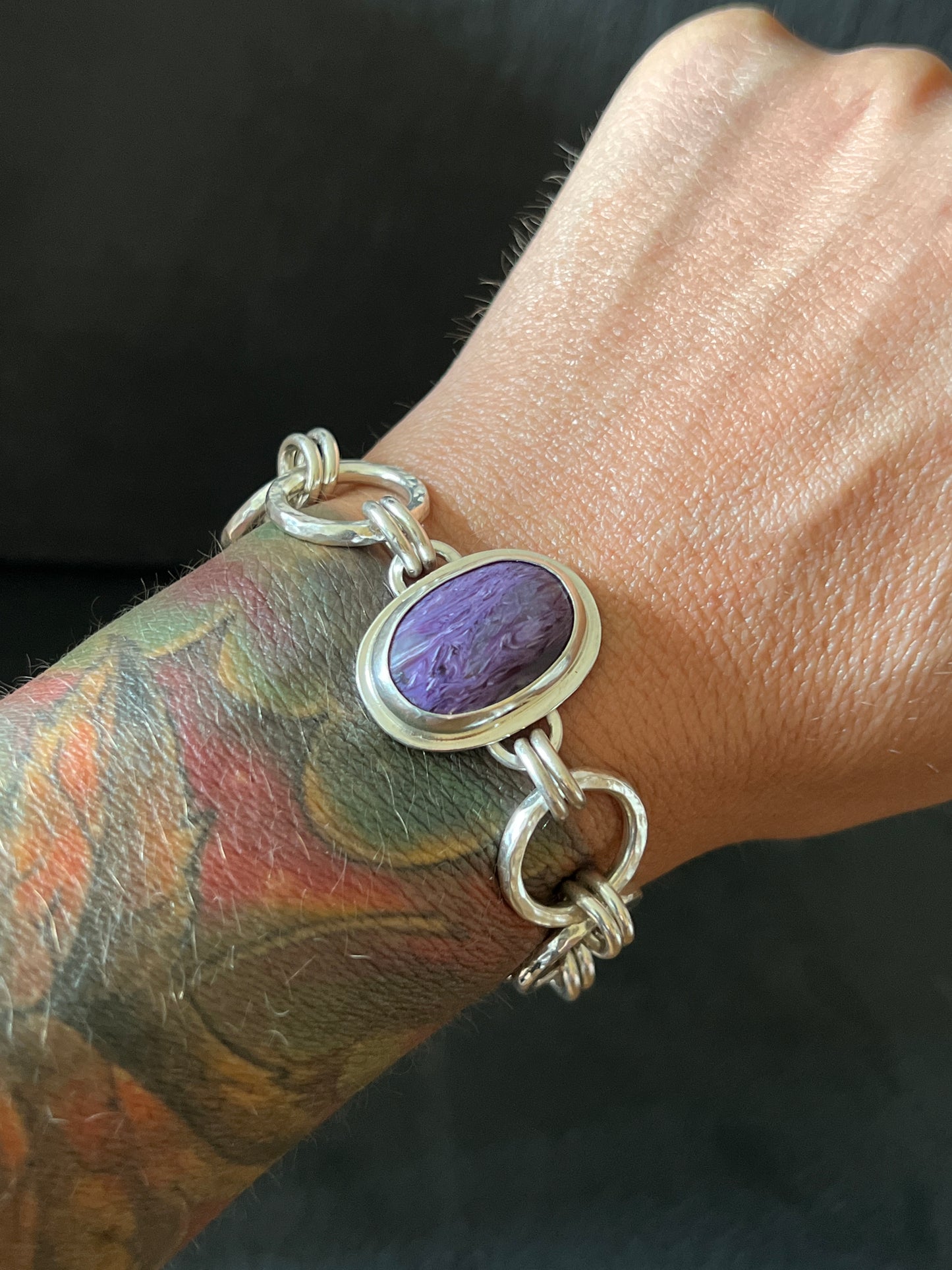 Oval Charoite Stone Sterlng Silver Chunky Chain Bracelet