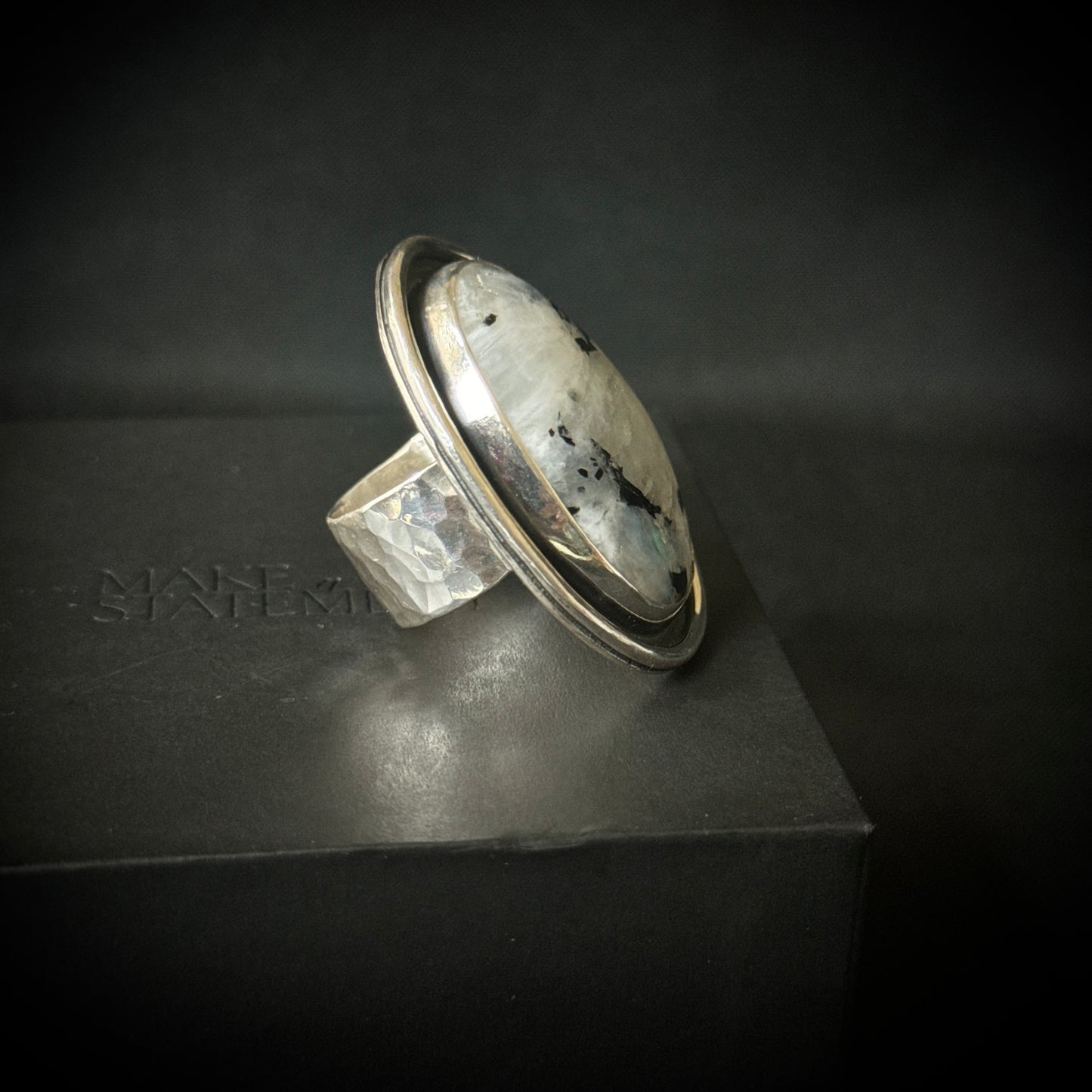 Large Rainbow Moonstone with Black Tourmaline Sterling Silver Ring - Size S