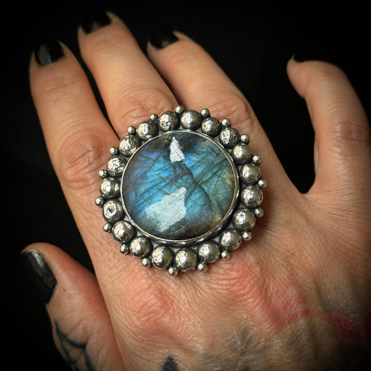 Large Round Labradorite Beaded Sterling Silver Ring - Size P 1/2