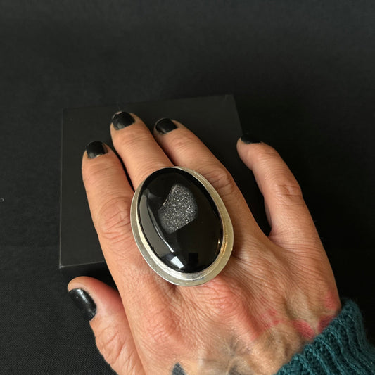 Large Oval Druzy Window Onyx Sterling Silver Ring - Size U 1/2