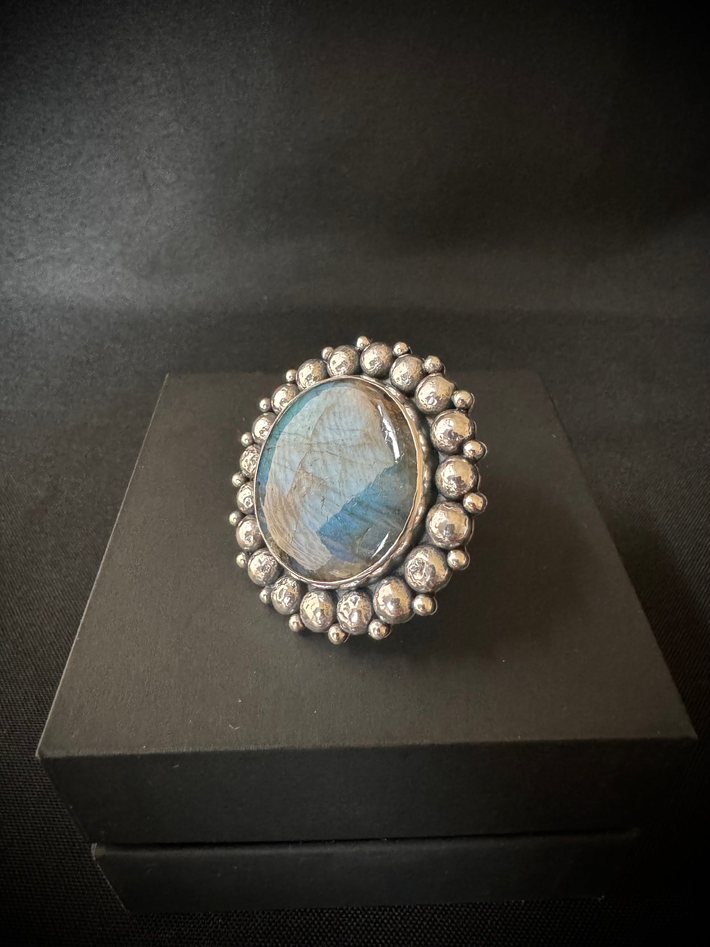 Large Round Labradorite Beaded Sterling Silver Ring - Size P 1/2