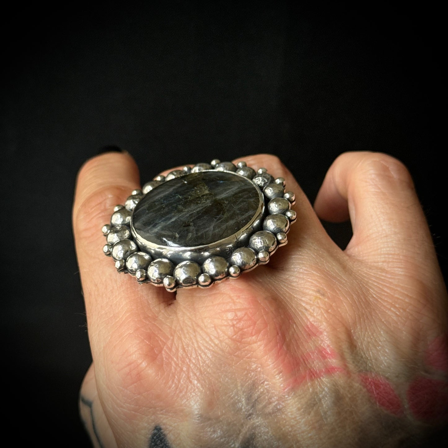 Large Round Labradorite Beaded Sterling Silver Ring - Size P 1/2