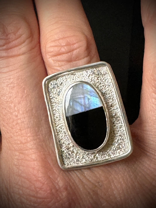 Rainbow Moonstone and Black Onyx Sterling Silver Ring - Size P