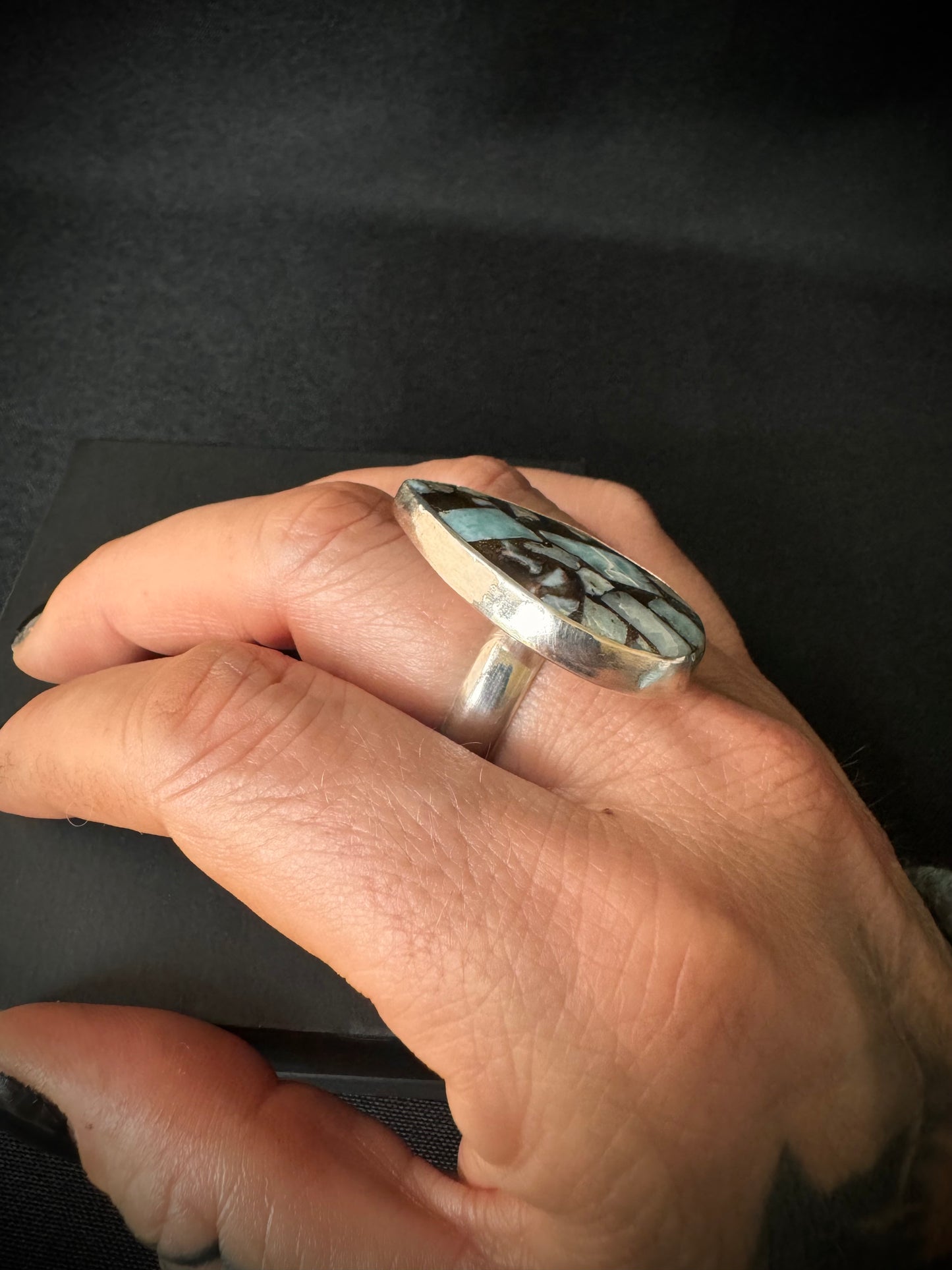 Larimar Mosaic Sterling Silver Ring - Size Q 1/2