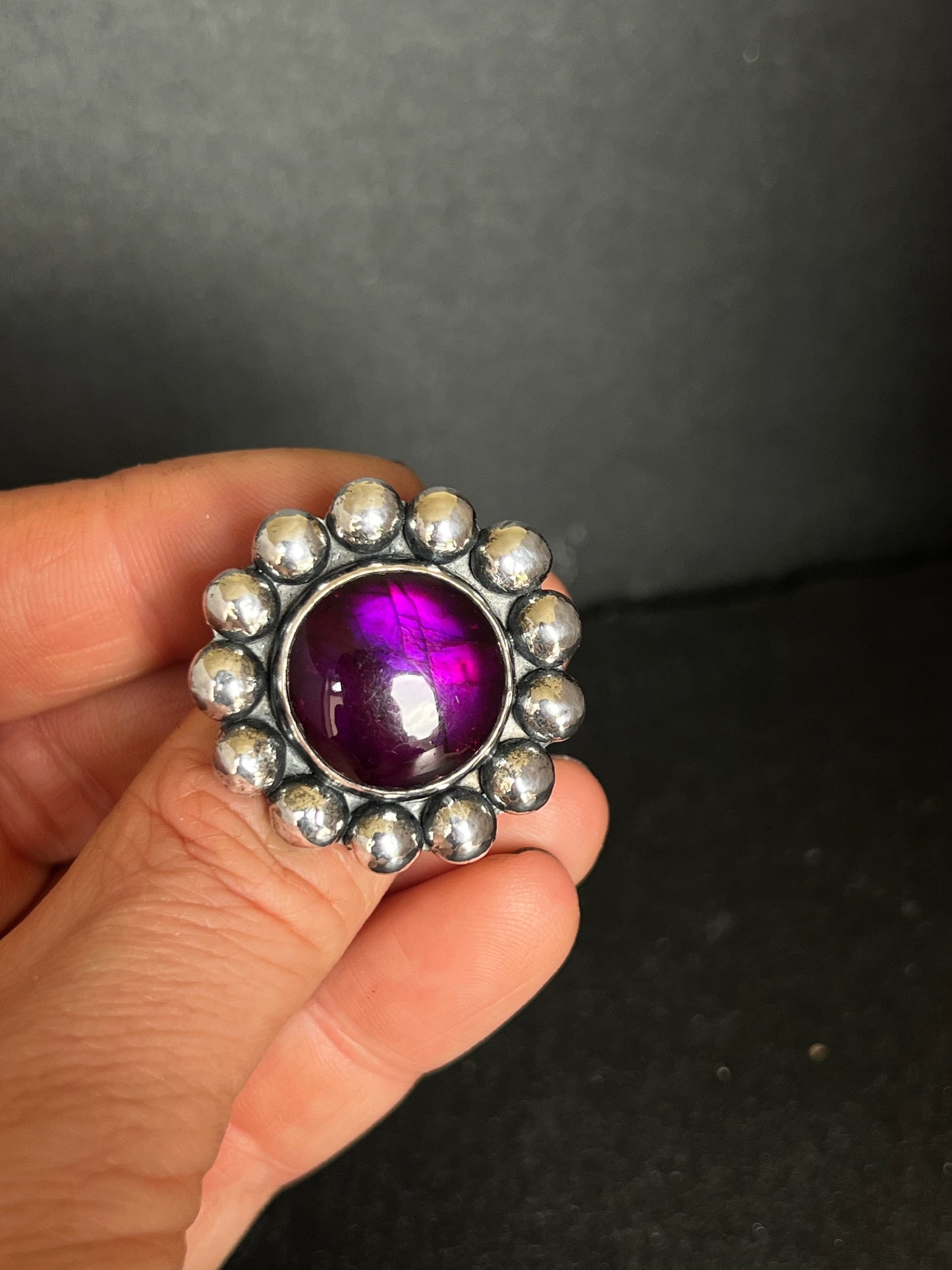 Purple Labradorite Flower Sterling Silver Ring - Size Q