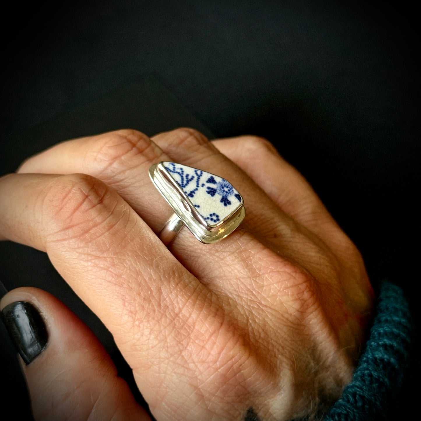 Mexican Sea Pottery Sterling Silver Ring - Size S