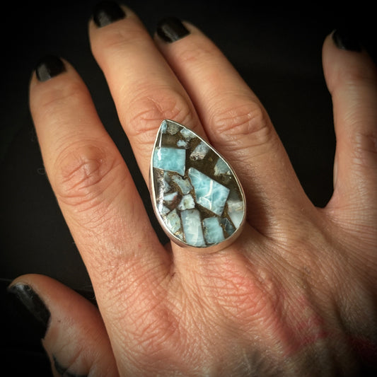 Larimar Mosaic Sterling Silver Ring - Size Q 1/2