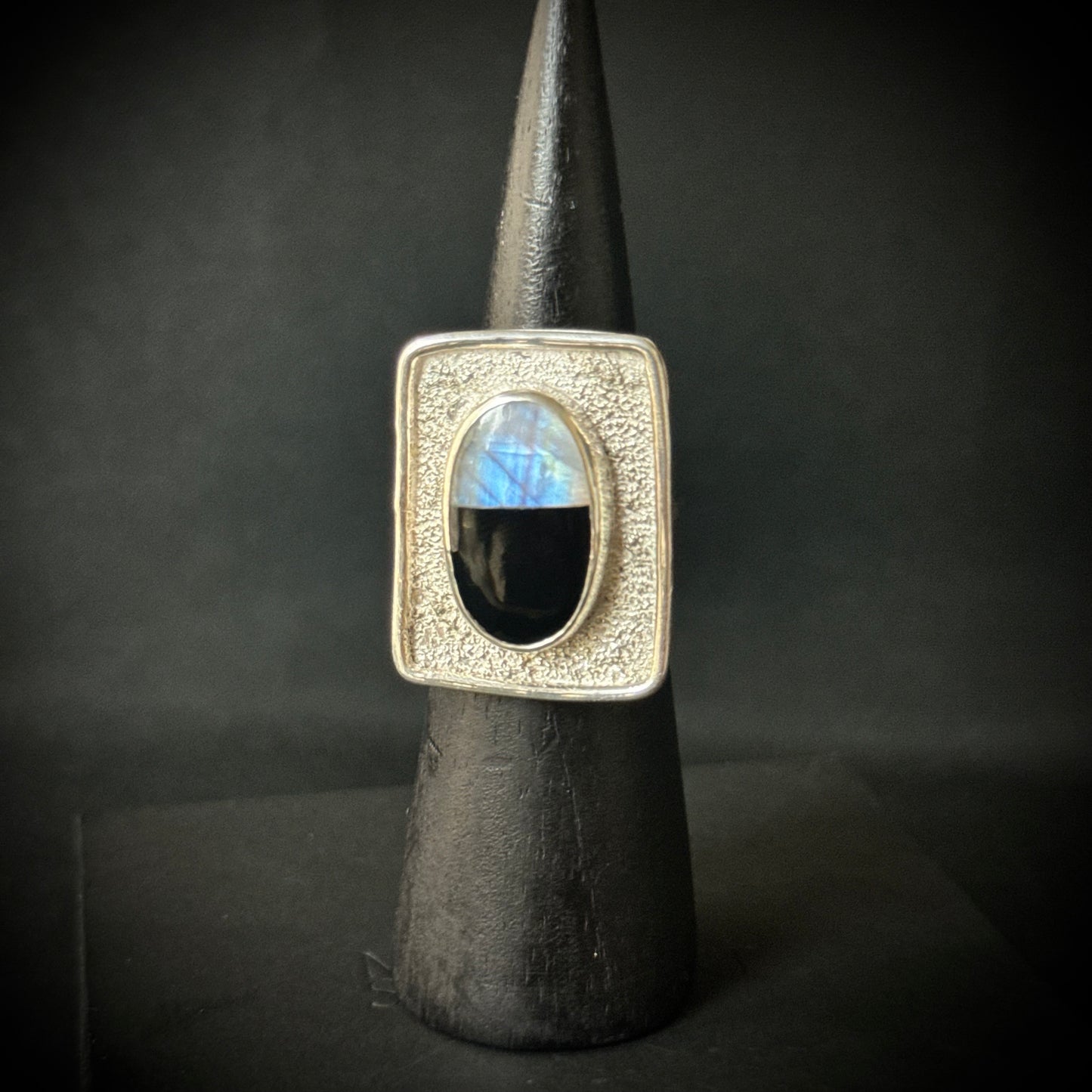 Rainbow Moonstone and Black Onyx Sterling Silver Ring - Size P