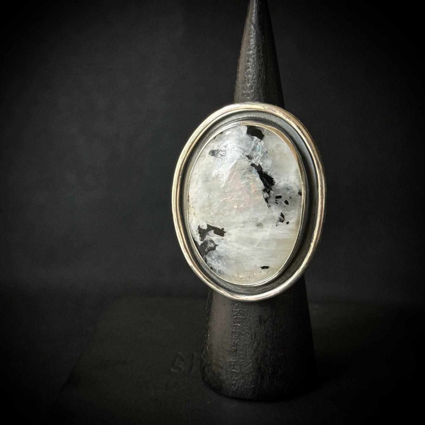 Large Rainbow Moonstone with Black Tourmaline Sterling Silver Ring - Size S