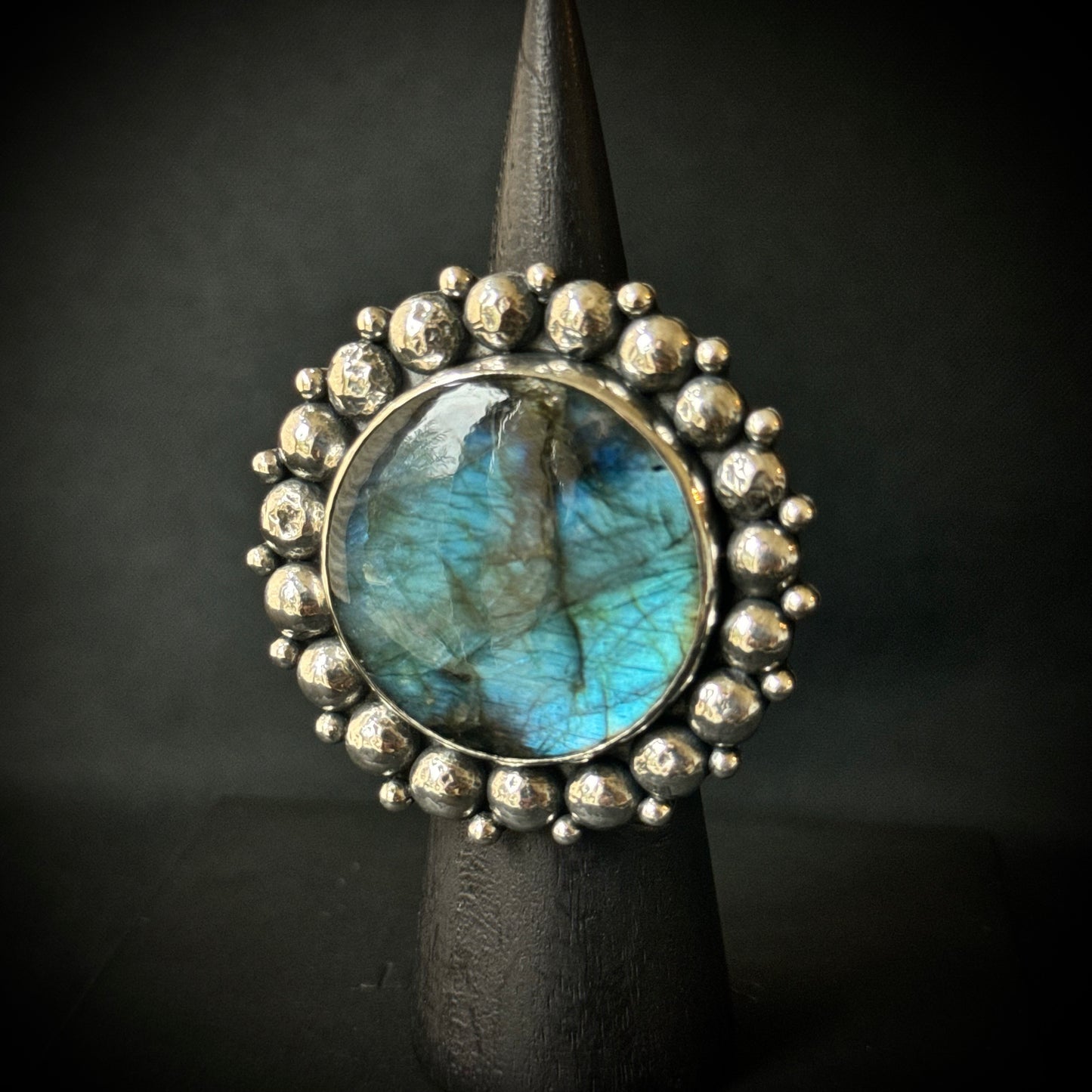 Large Round Labradorite Beaded Sterling Silver Ring - Size P 1/2