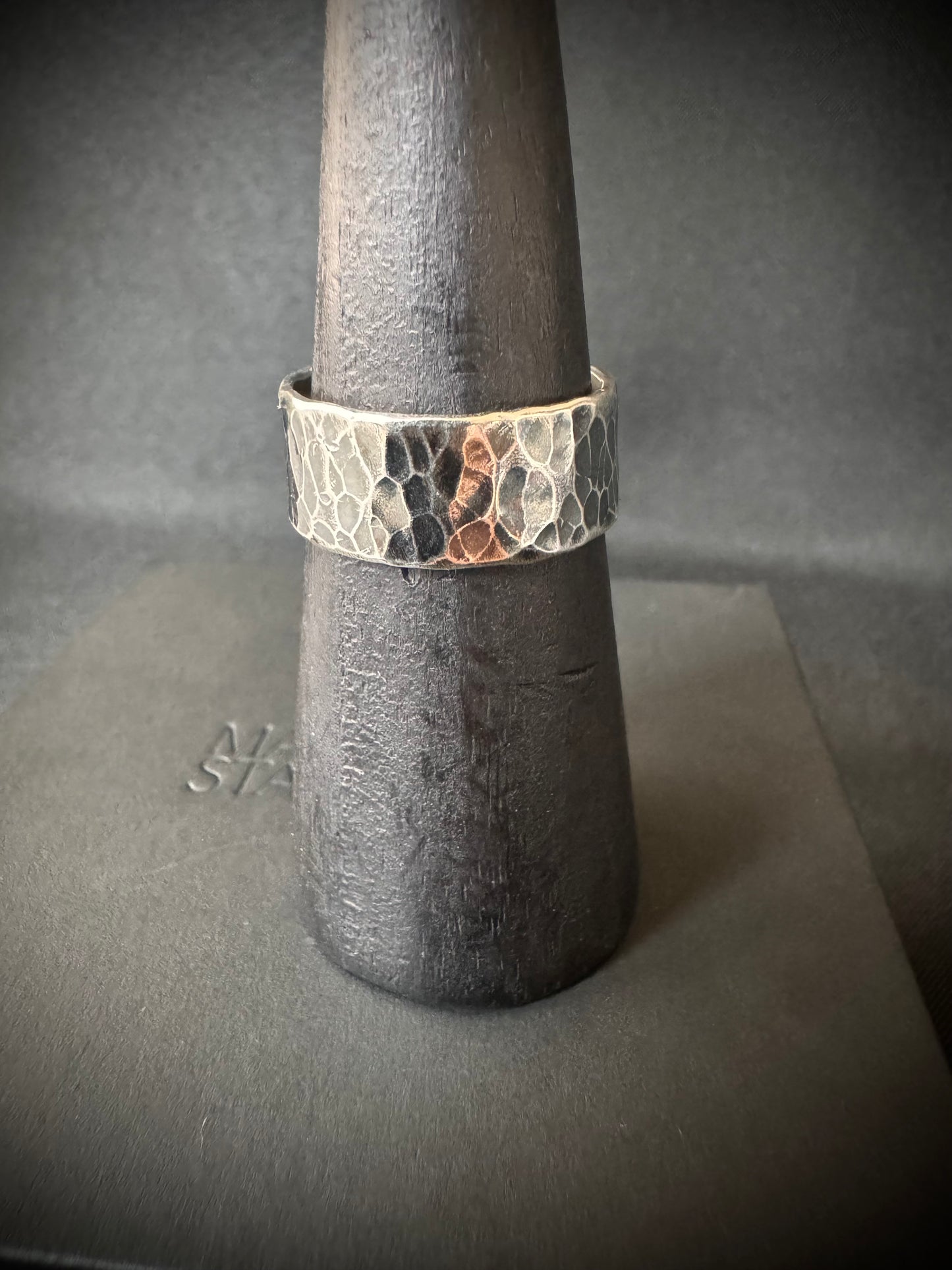 Chunky Oxidised Hammered Sterling Silver Ring - Size V