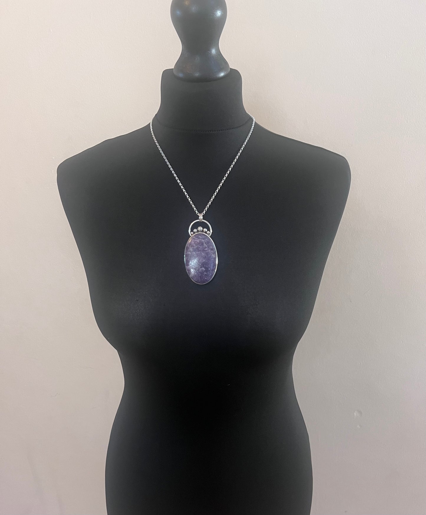 Large Oval Lepidolite Sterling Silver Necklace