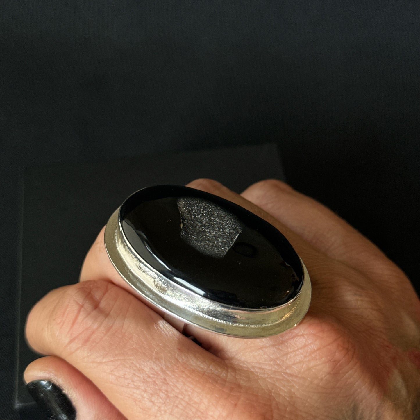Large Oval Druzy Window Onyx Sterling Silver Ring - Size U 1/2