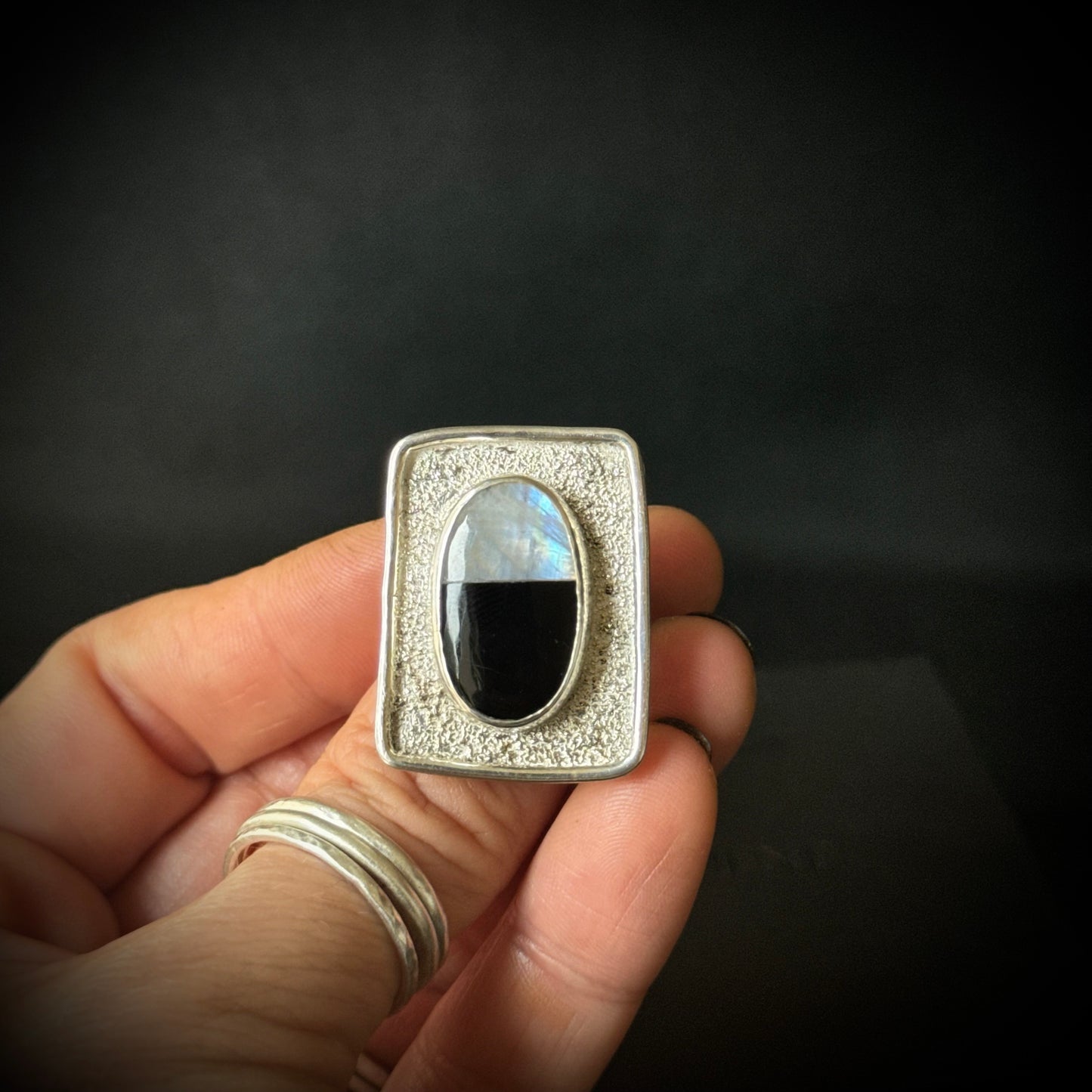 Rainbow Moonstone and Black Onyx Sterling Silver Ring - Size P