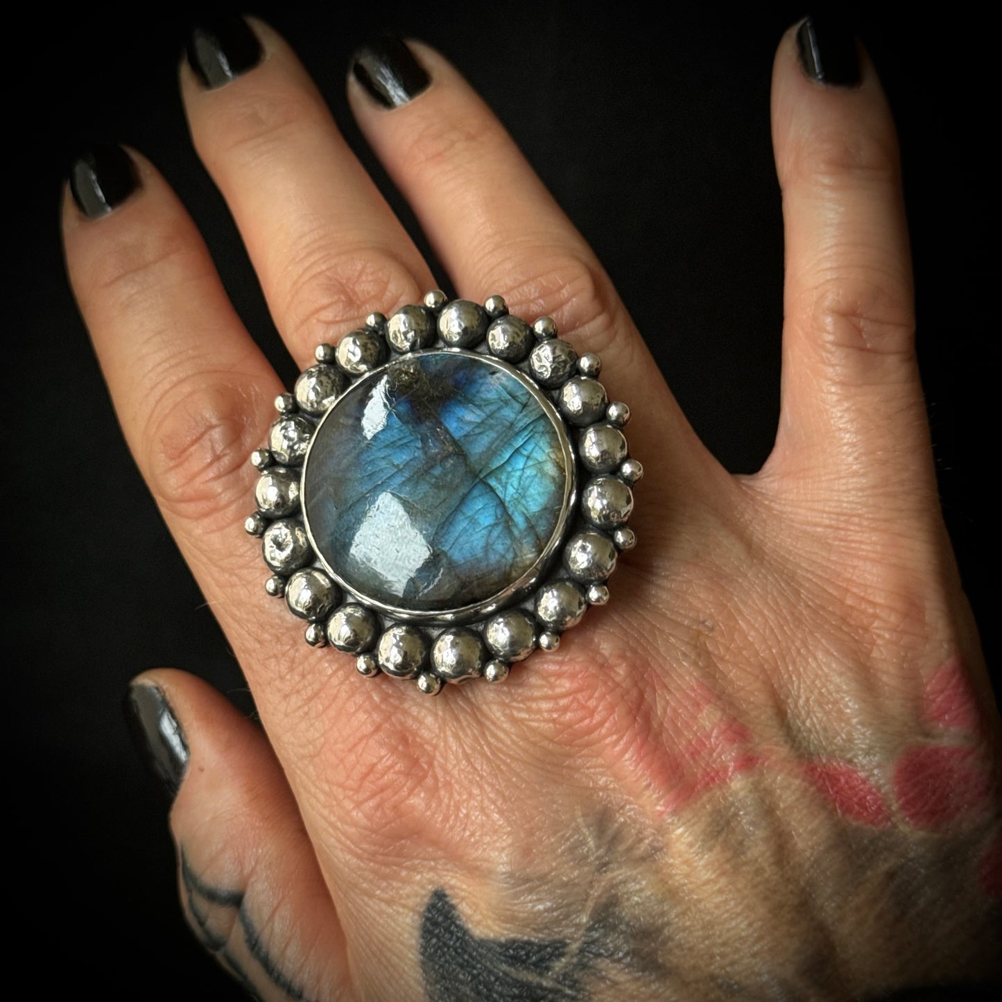 Large Round Labradorite Beaded Sterling Silver Ring - Size P 1/2