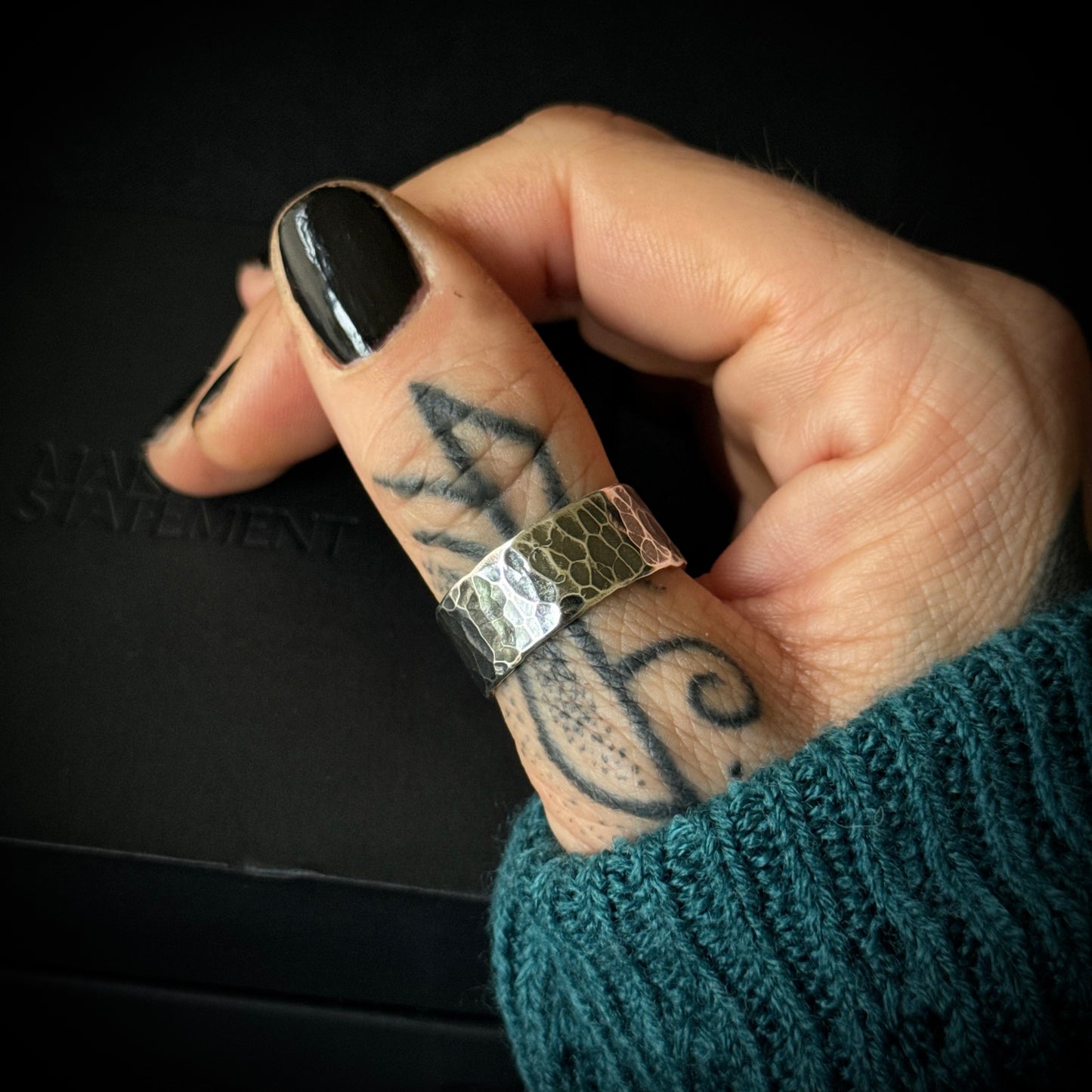 Chunky Oxidised Hammered Sterling Silver Ring - Size V