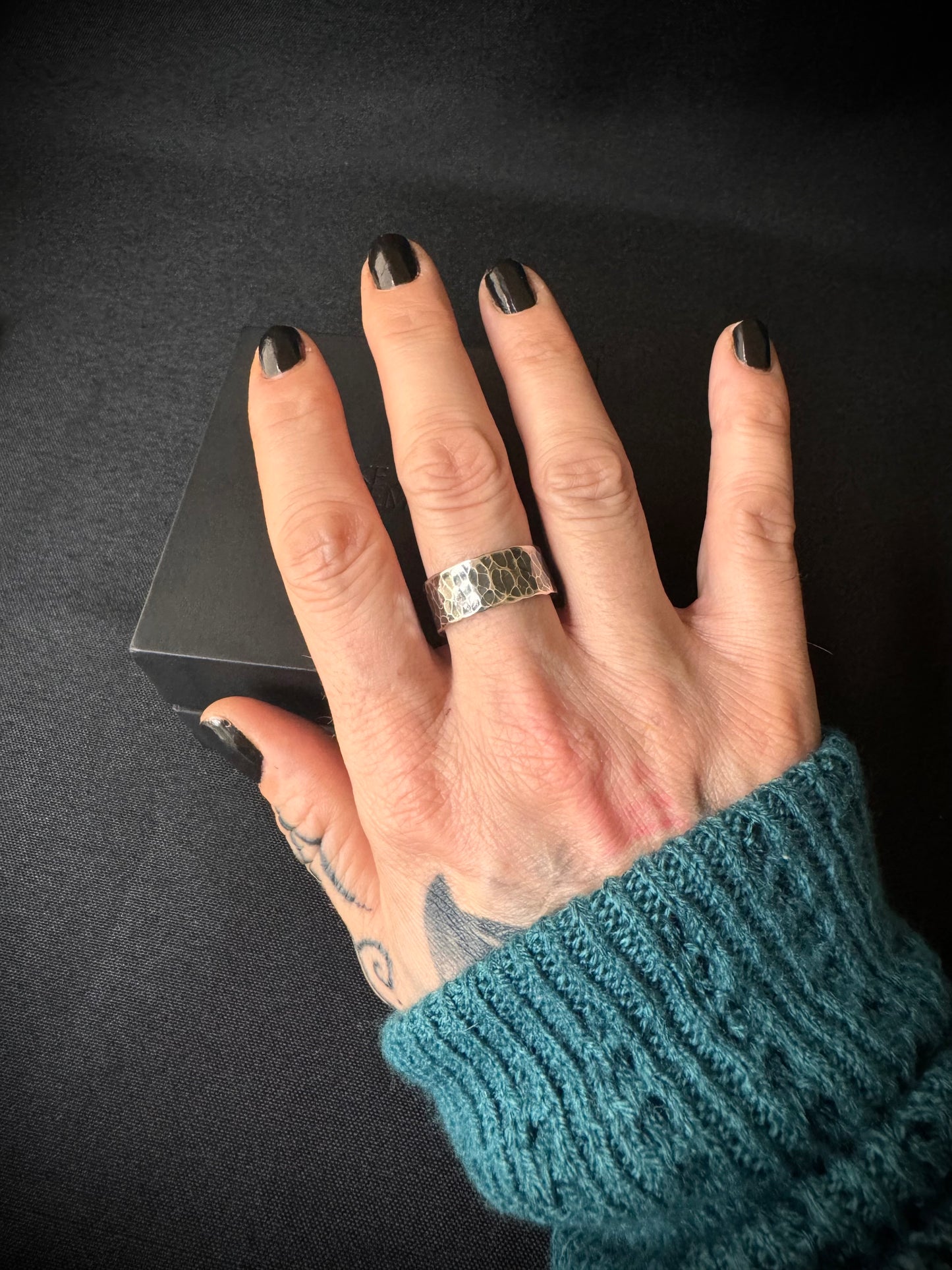 Chunky Oxidised Hammered Sterling Silver Ring - Size V