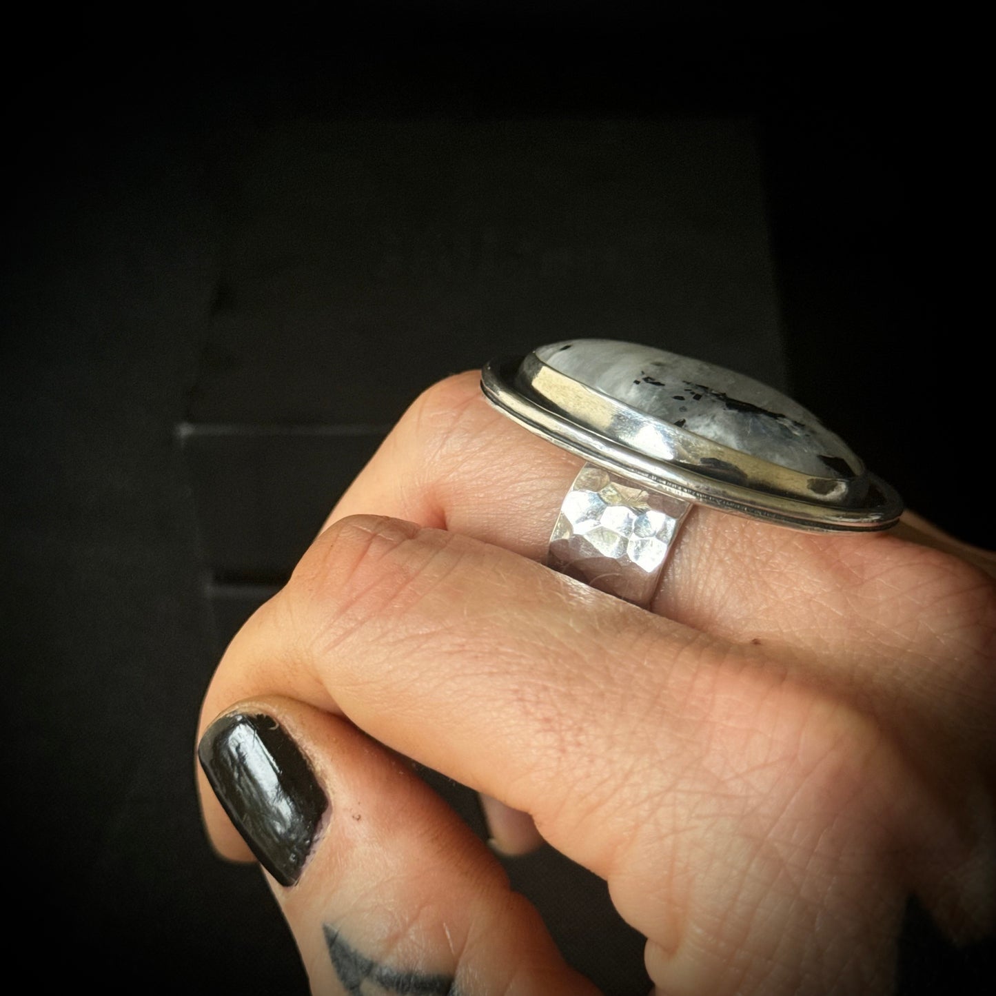 Large Rainbow Moonstone with Black Tourmaline Sterling Silver Ring - Size S