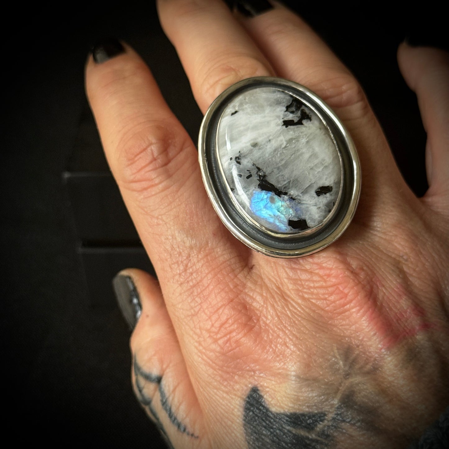 Large Rainbow Moonstone with Black Tourmaline Sterling Silver Ring - Size S
