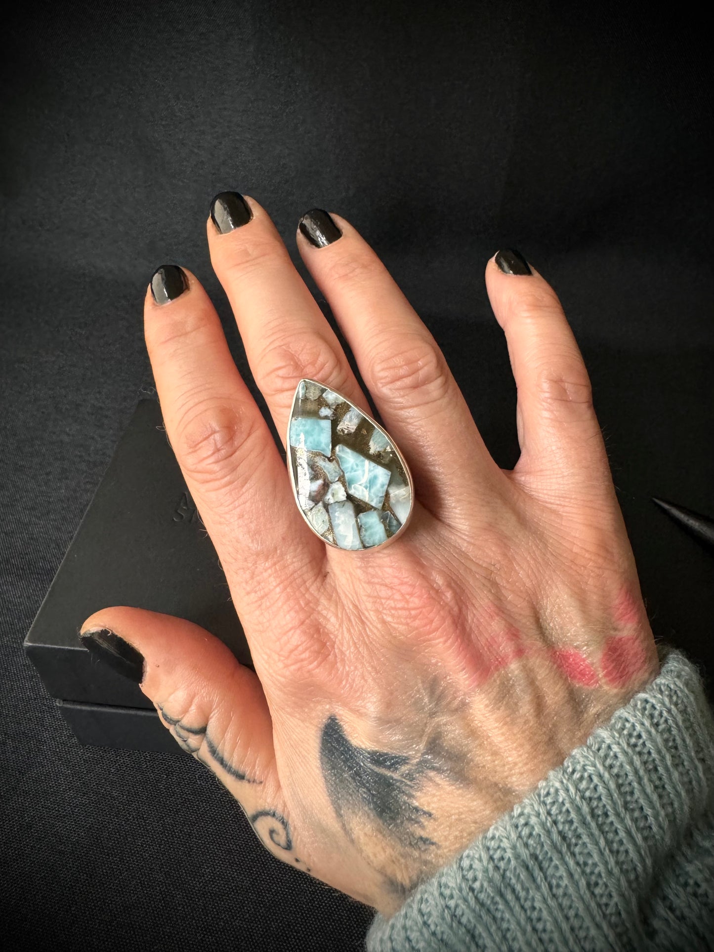 Larimar Mosaic Sterling Silver Ring - Size Q 1/2