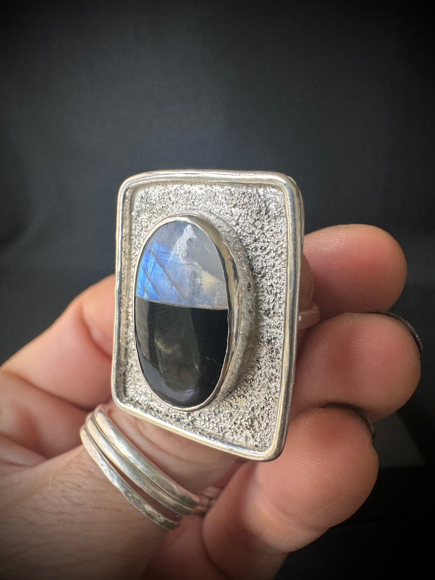 Rainbow Moonstone and Black Onyx Sterling Silver Ring - Size P