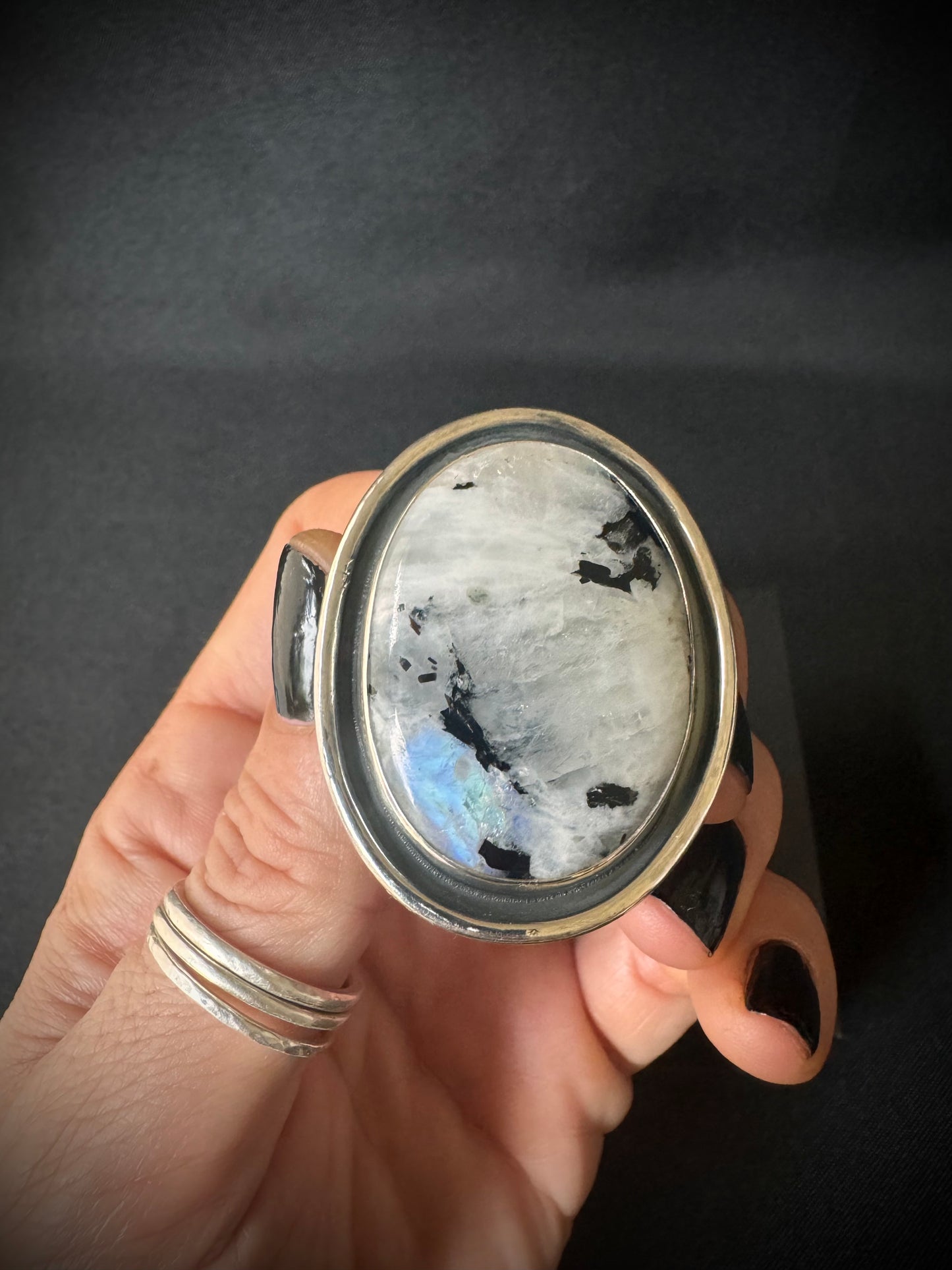 Large Rainbow Moonstone with Black Tourmaline Sterling Silver Ring - Size S