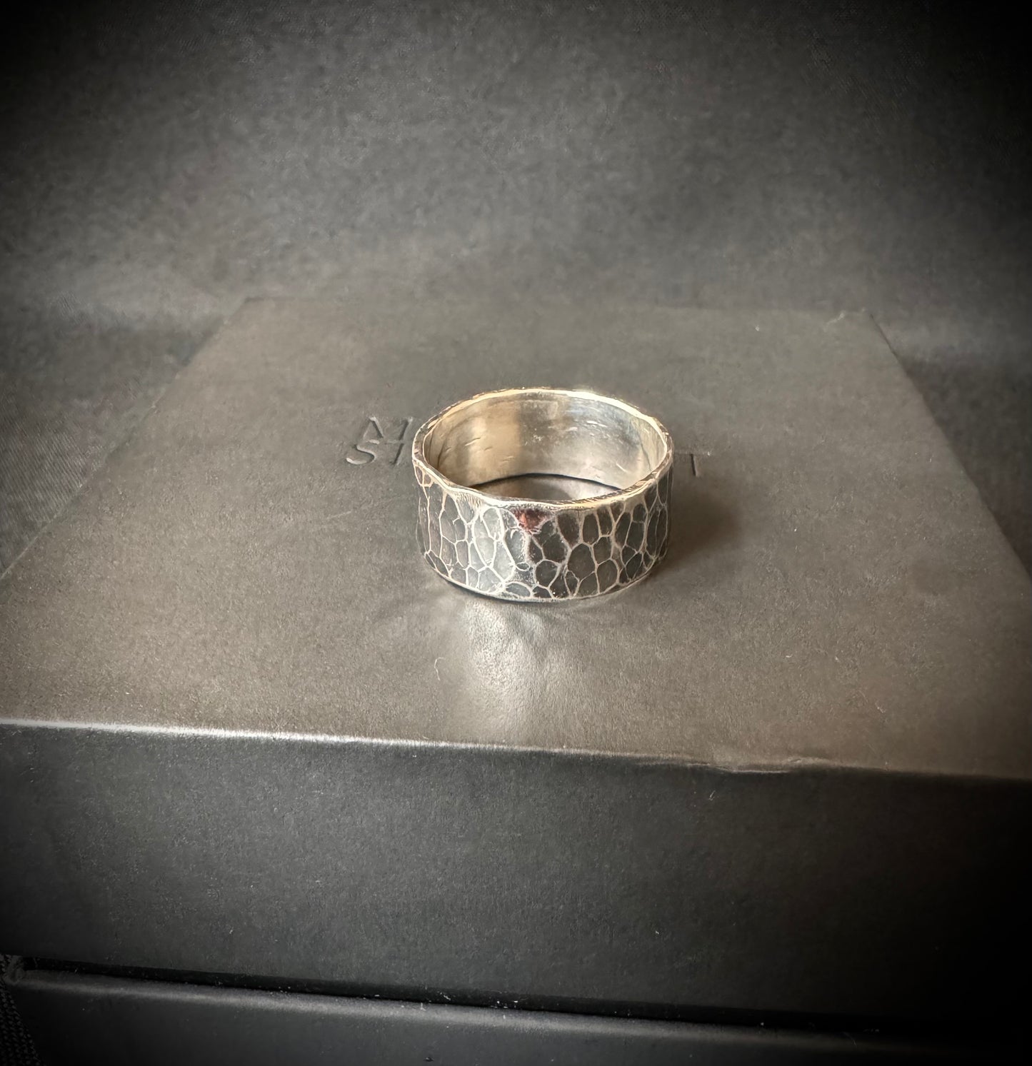 Chunky Oxidised Hammered Sterling Silver Ring - Size V