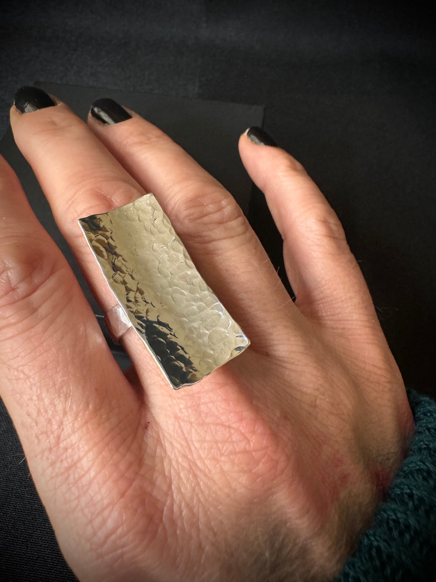 Hammered Shield Sterling Silver Ring - Size T