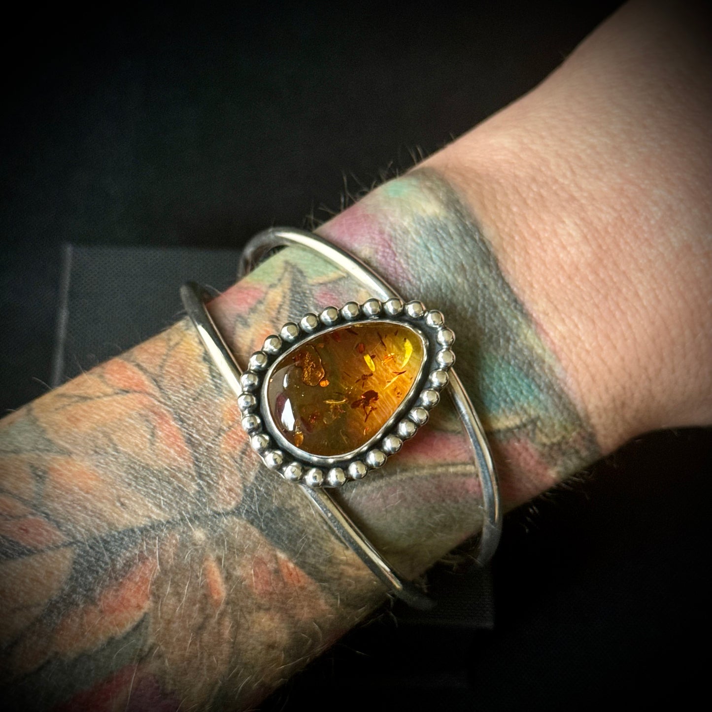 Amber Beaded Sterling Silver Cuff