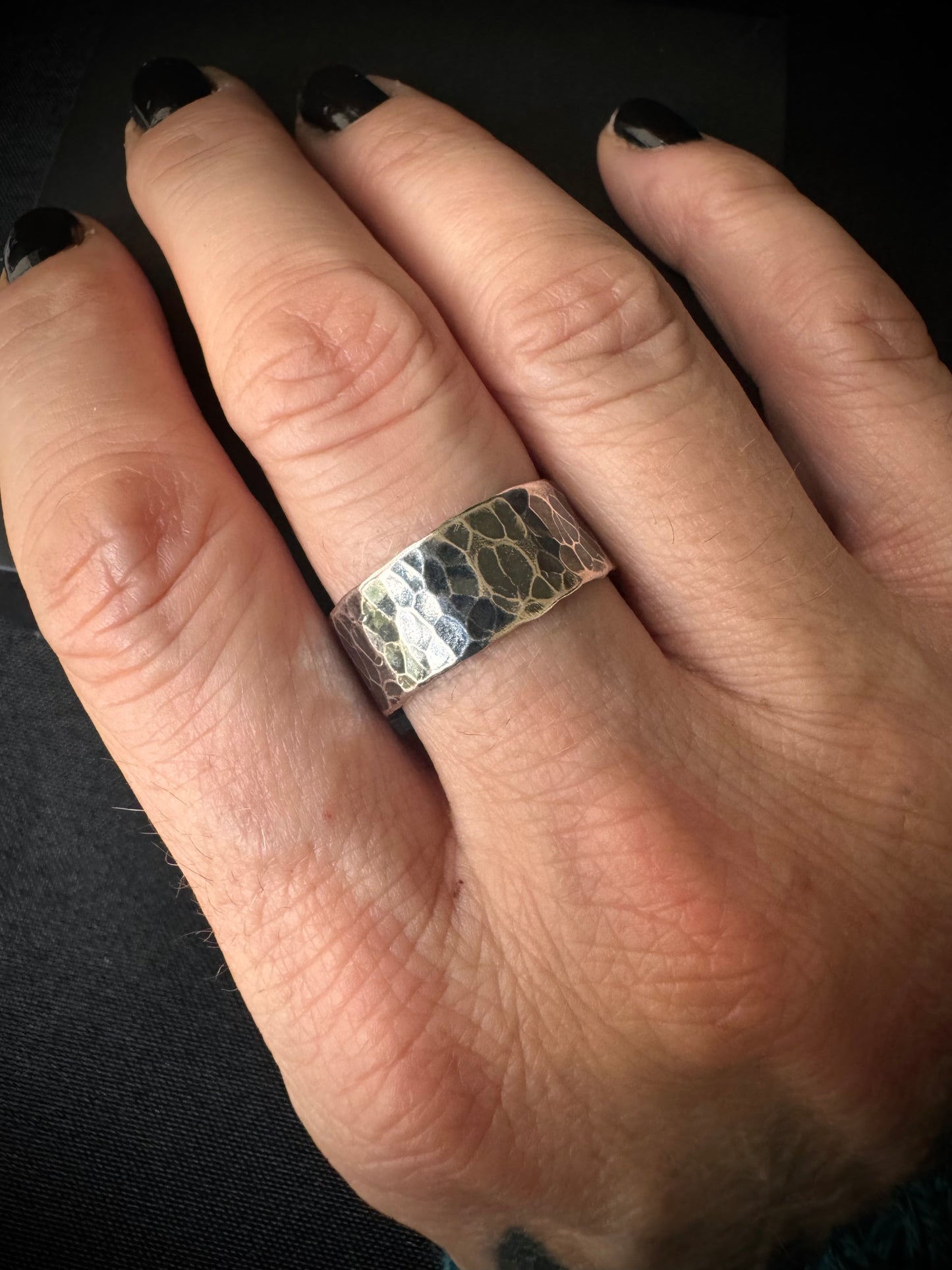 Chunky Oxidised Hammered Sterling Silver Ring - Size V