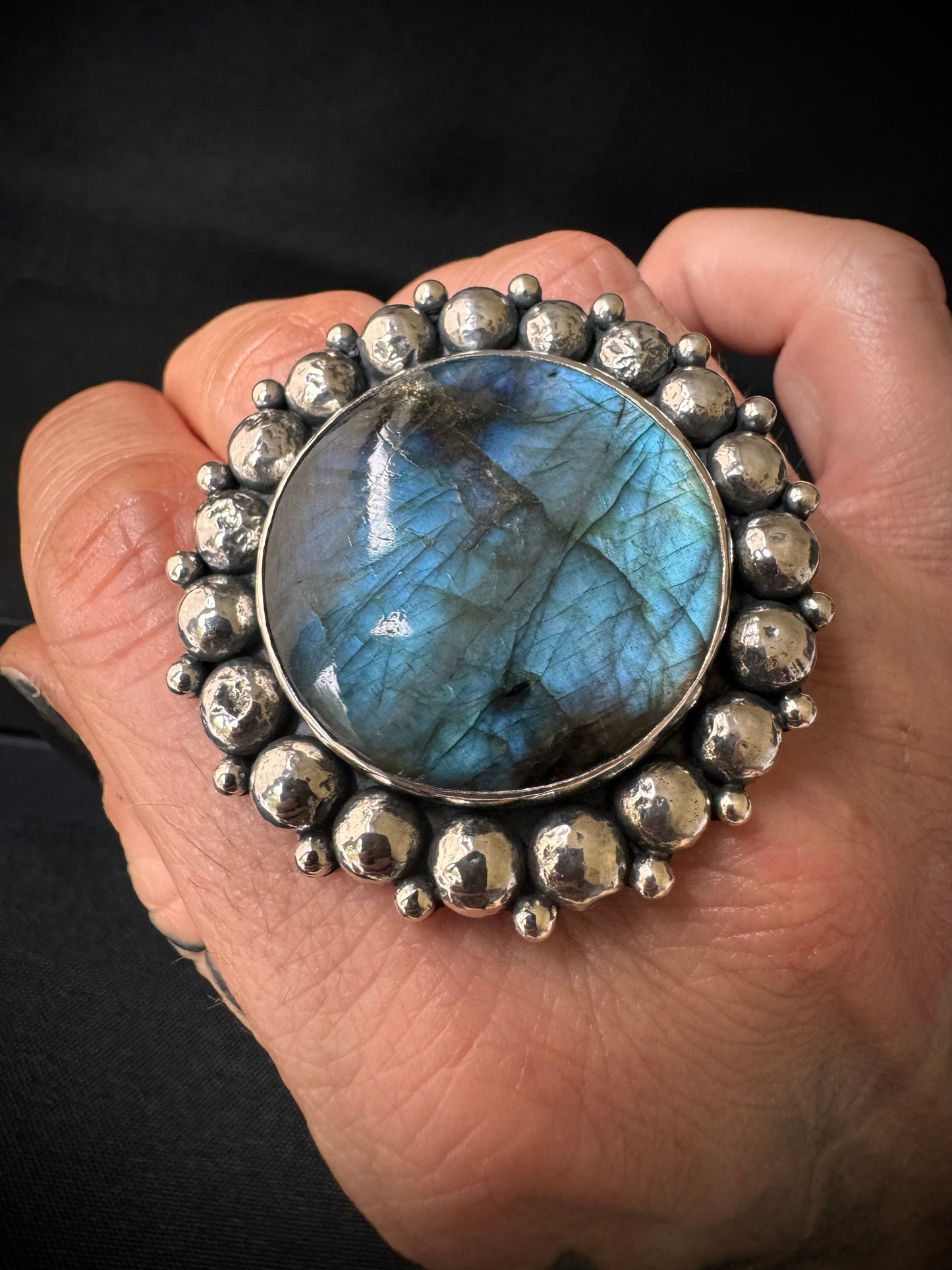 Large Round Labradorite Beaded Sterling Silver Ring - Size P 1/2