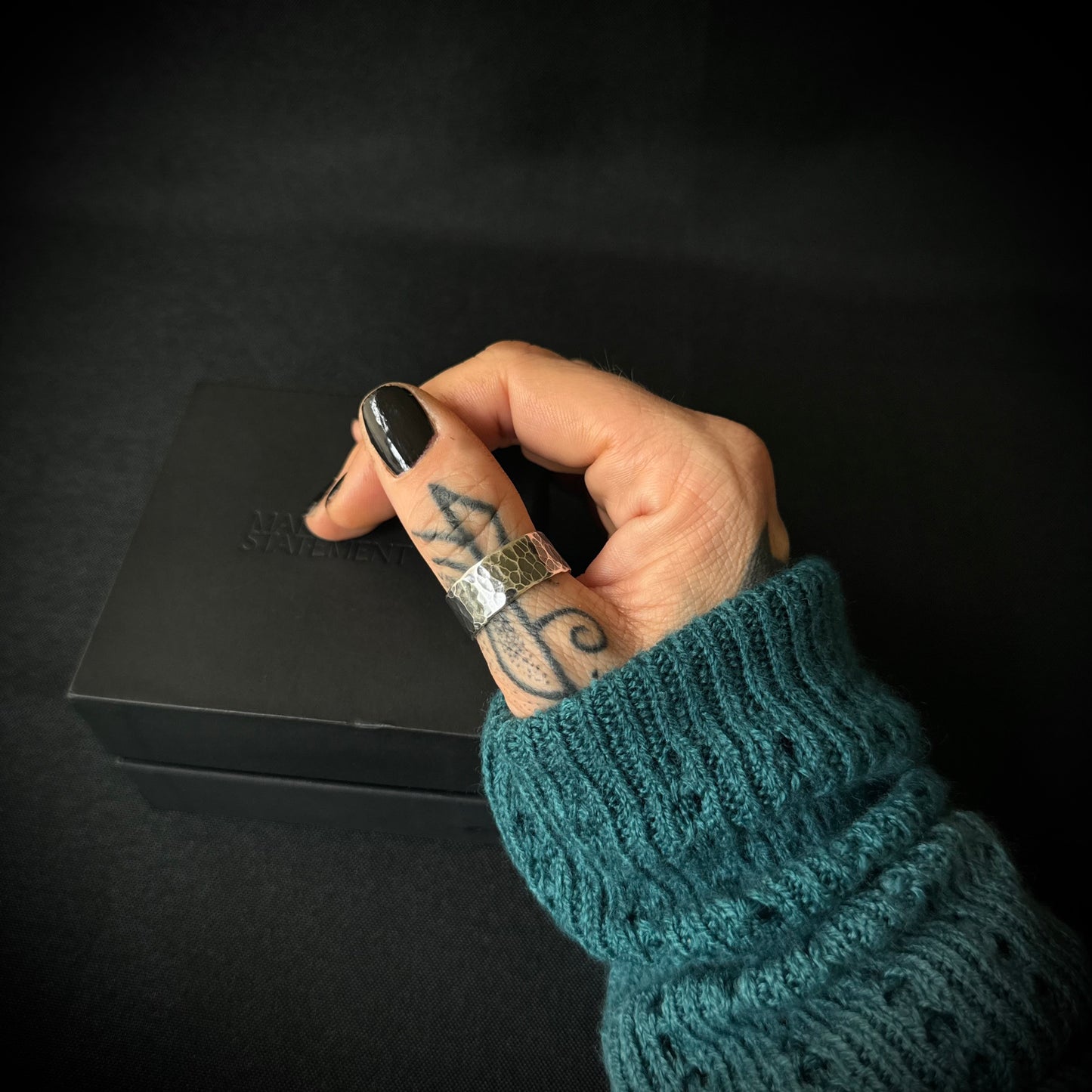 Chunky Oxidised Hammered Sterling Silver Ring - Size V