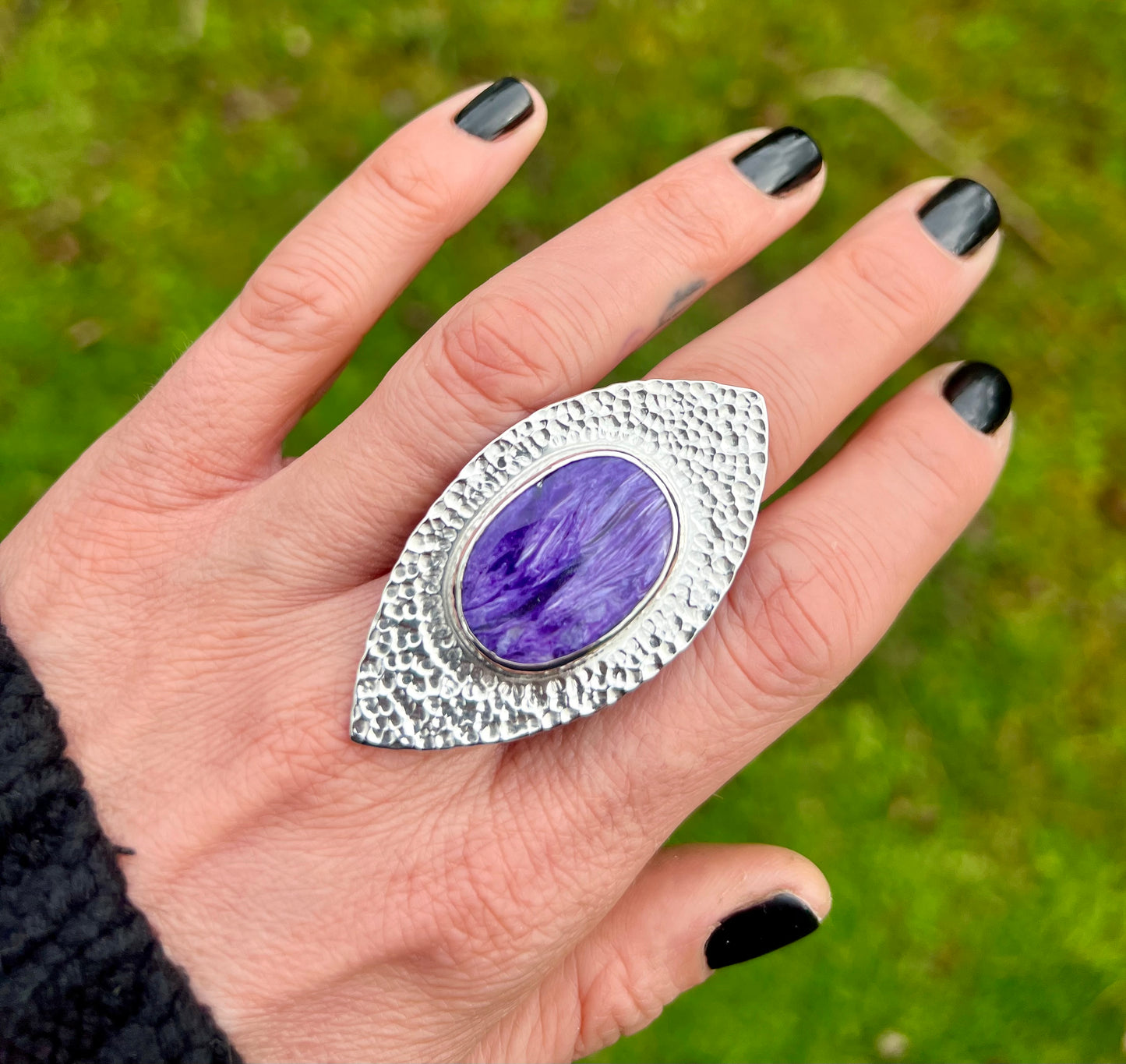 Charoite Hammered Shield Sterling Silver Ring - Size O