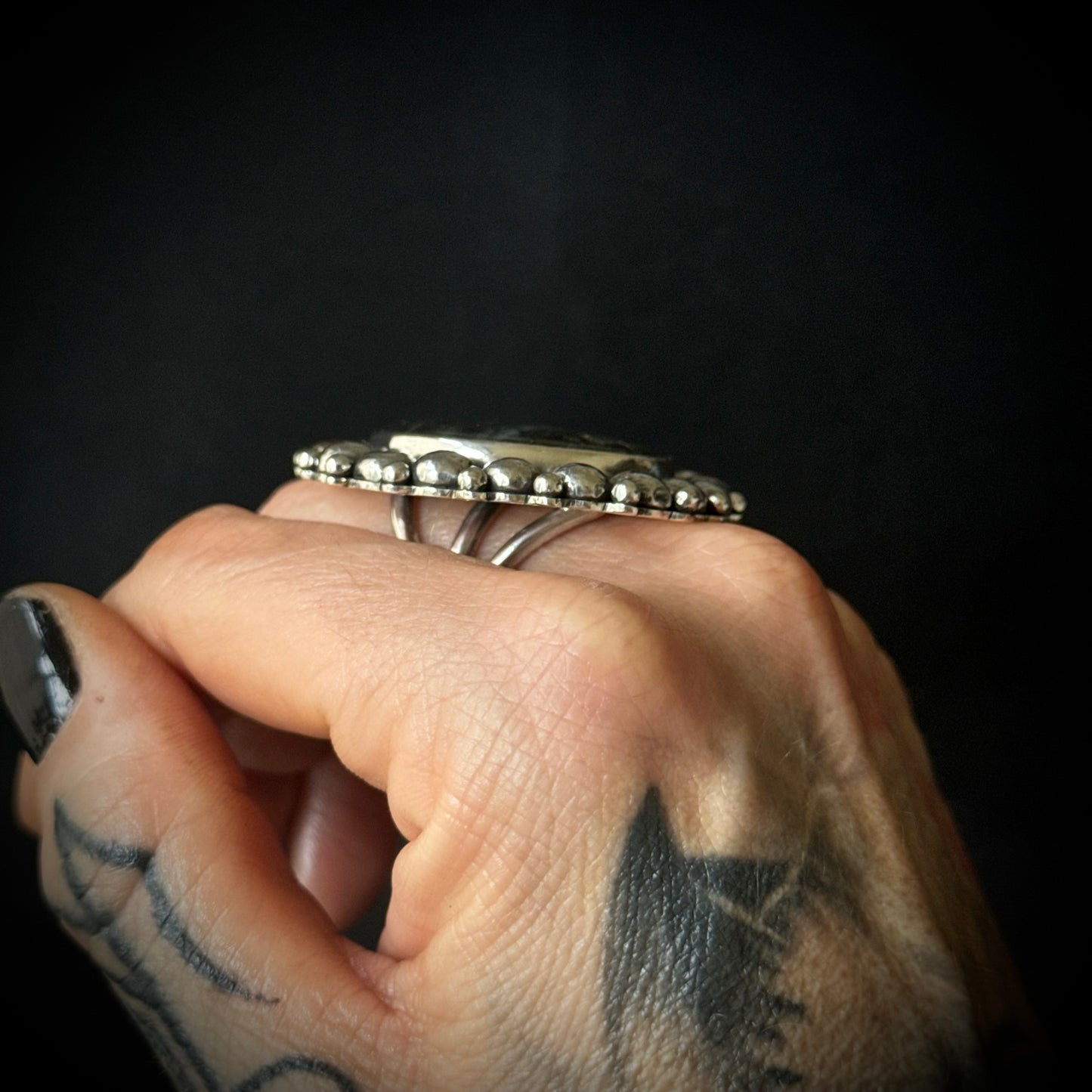 Large Round Labradorite Beaded Sterling Silver Ring - Size P 1/2