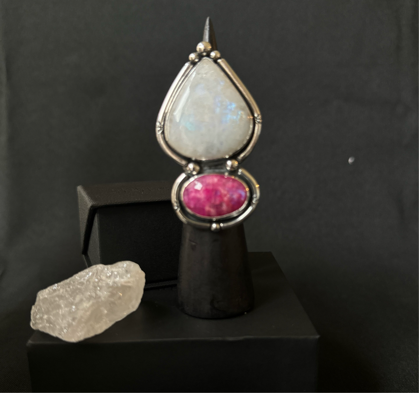 Double Rainbow Moonstone Sterling Silver Ring - Size K