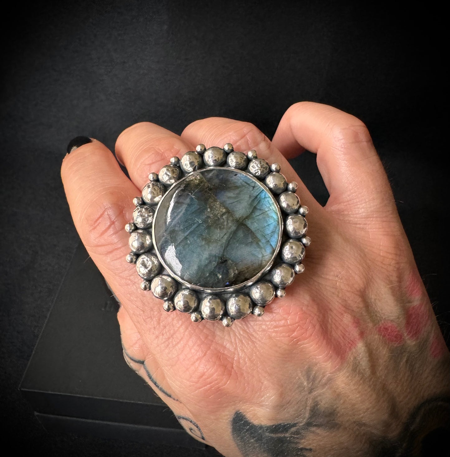 Large Round Labradorite Beaded Sterling Silver Ring - Size P 1/2