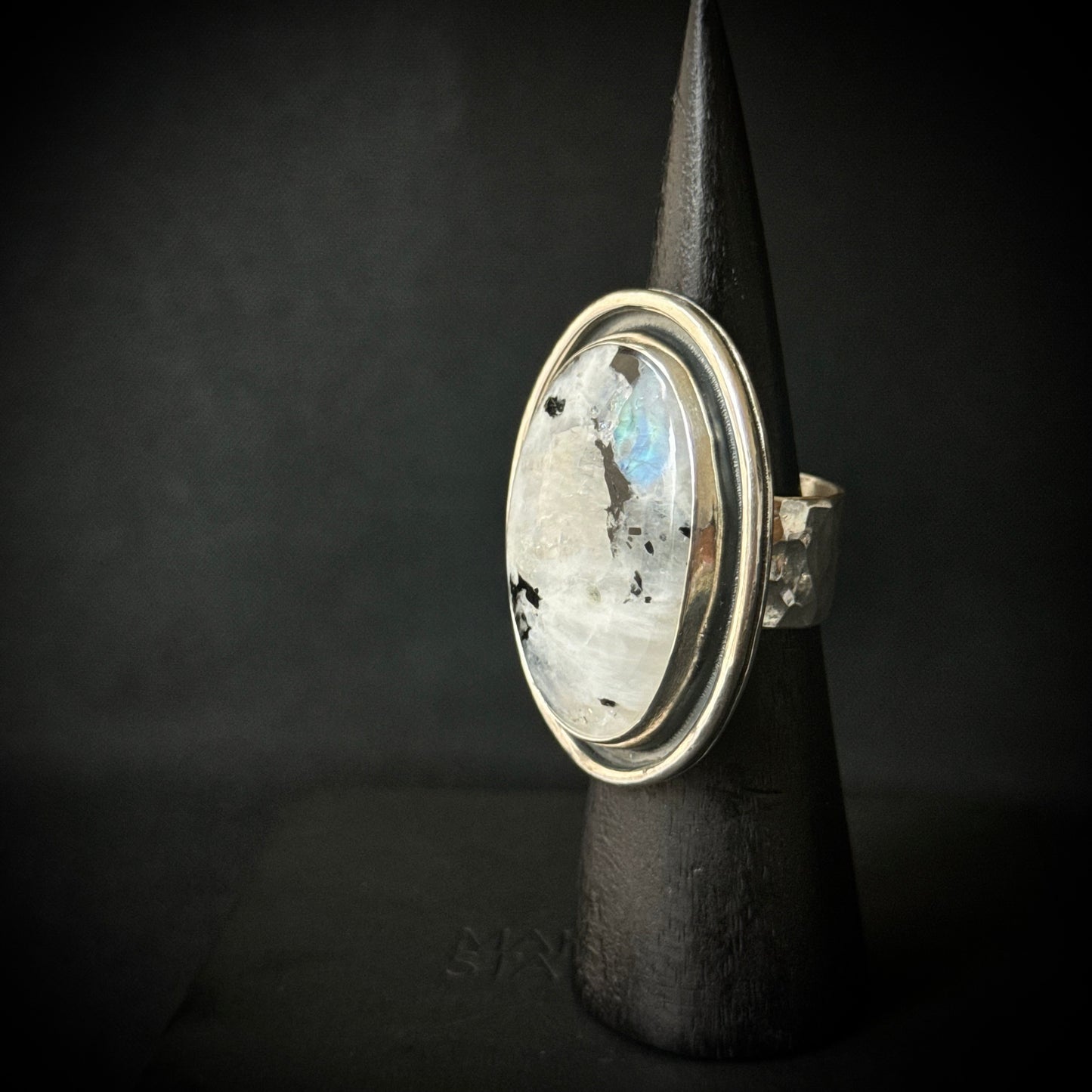 Large Rainbow Moonstone with Black Tourmaline Sterling Silver Ring - Size S