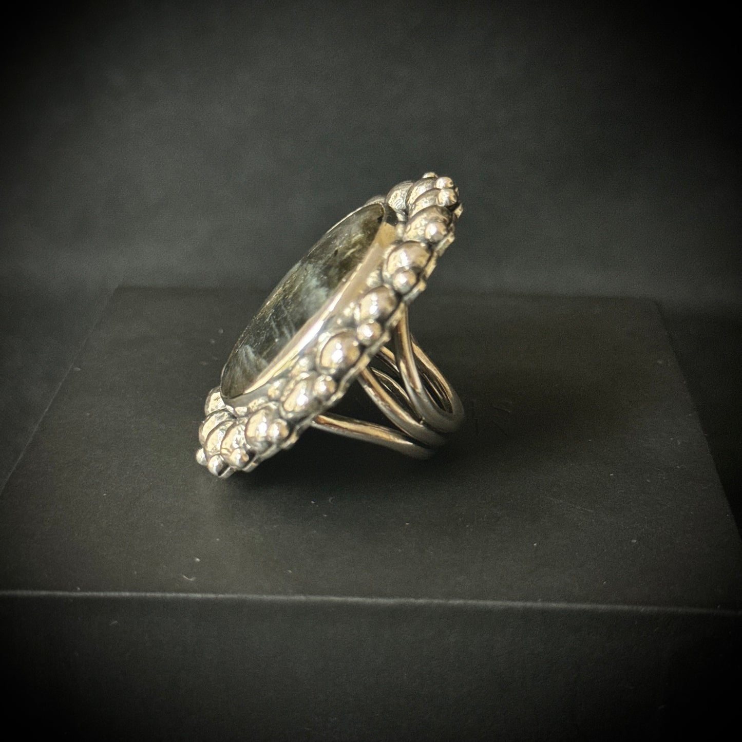 Large Round Labradorite Beaded Sterling Silver Ring - Size P 1/2