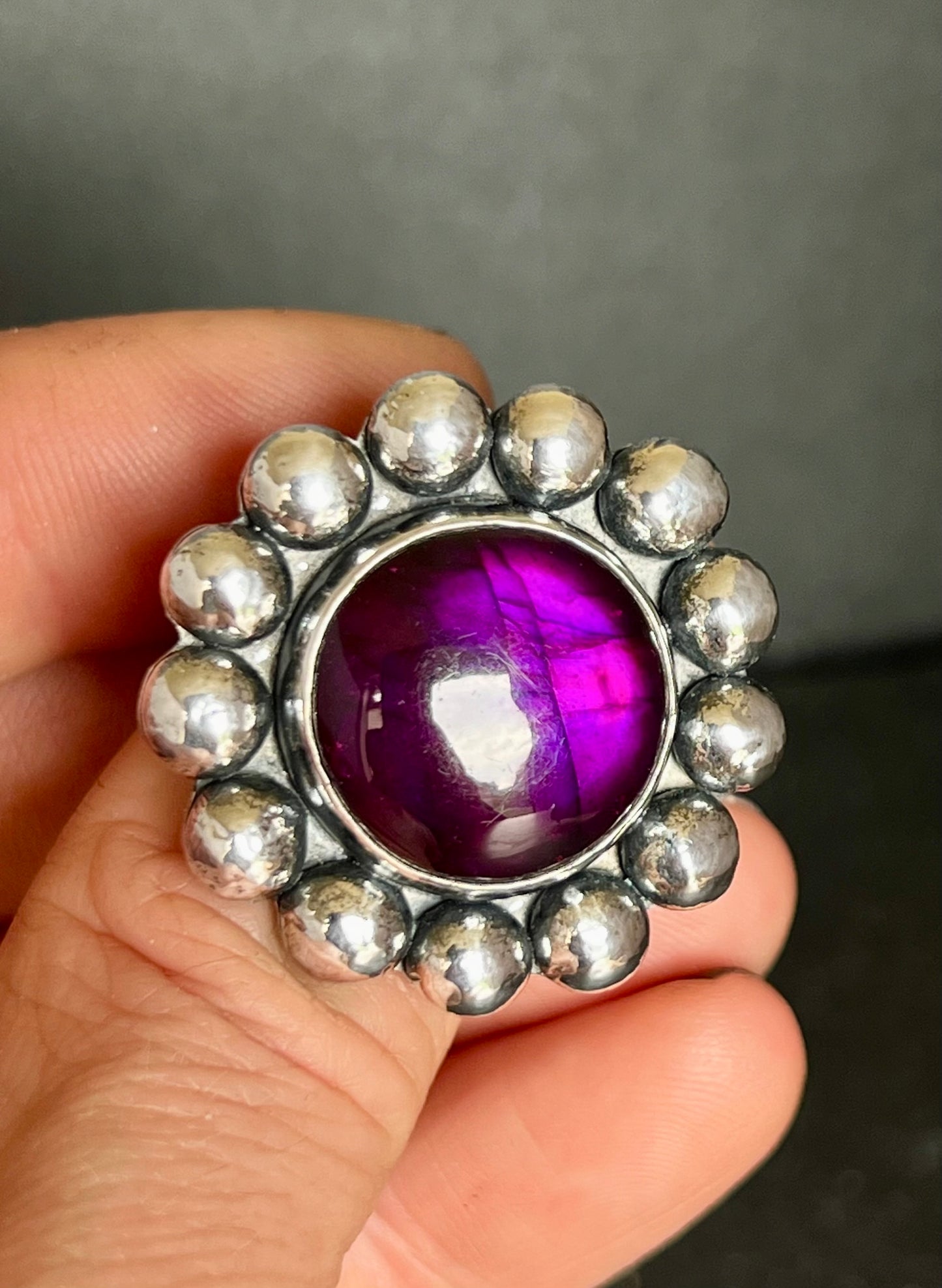 Purple Labradorite Flower Sterling Silver Ring - Size Q