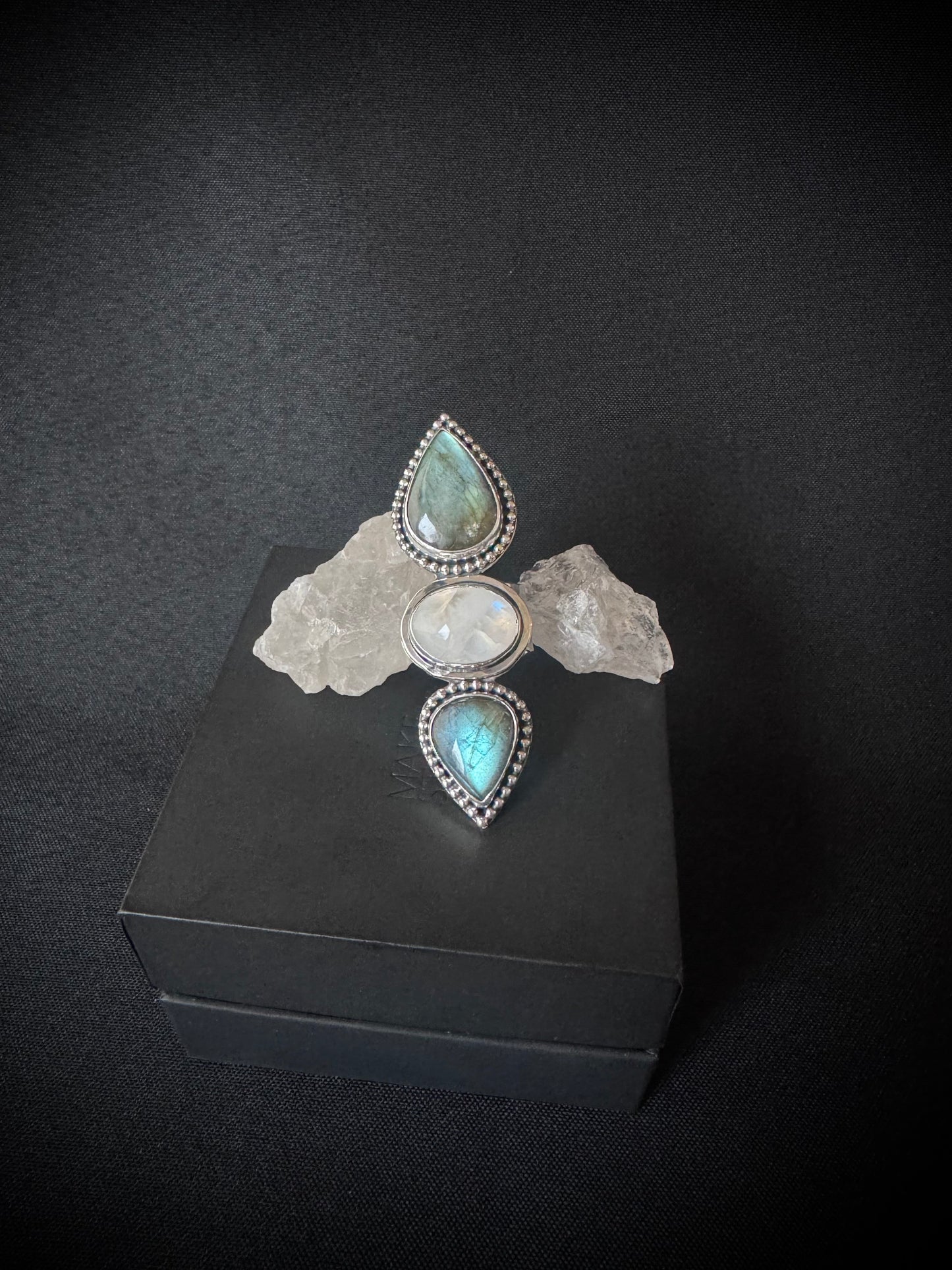 Labradorite and Rainbow Moonstone Triple Stone Sterling Silver Ring - Size R 1/2