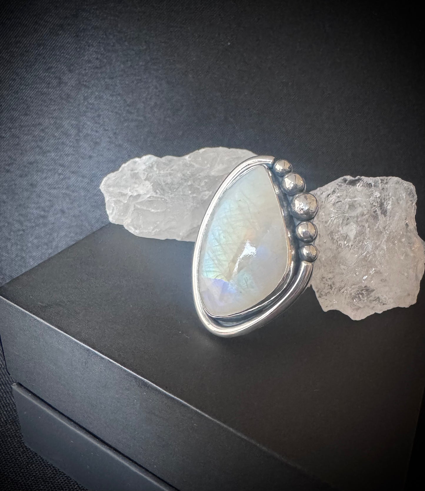 Irregular Shaped Rainbow Moonstone Sterling Silver Ring - size V