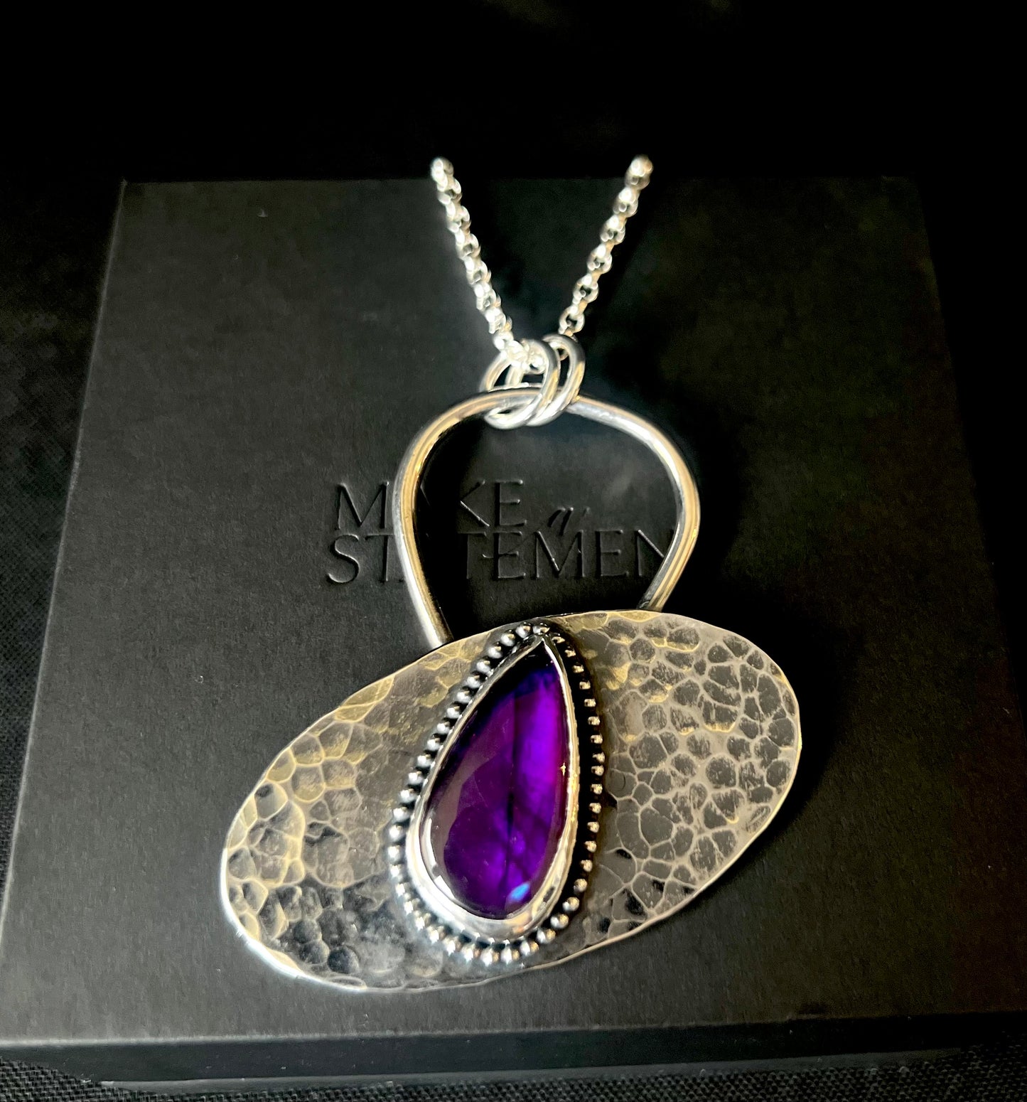 Purple Labradorite Hammered Sterling Silver Necklace