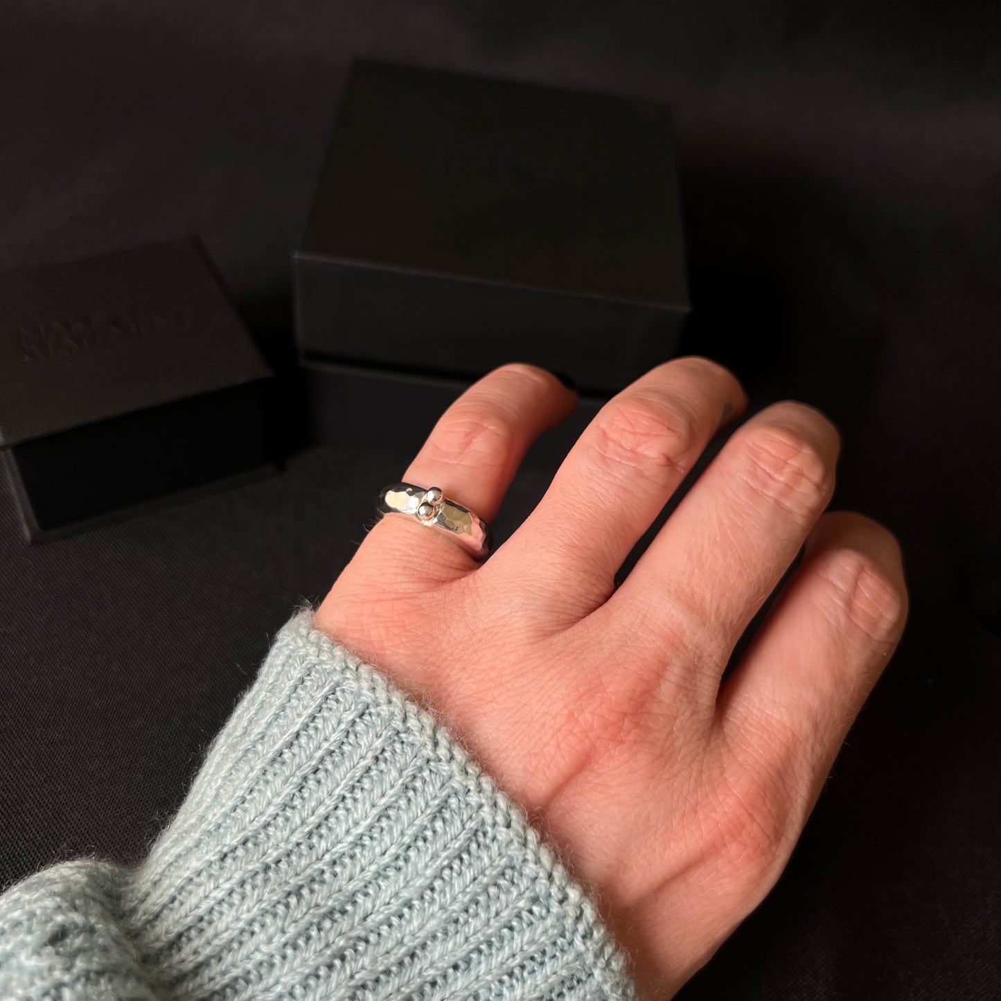 Chunky Hammered Sterling Silver With Ball Embellishment Ring - Size J