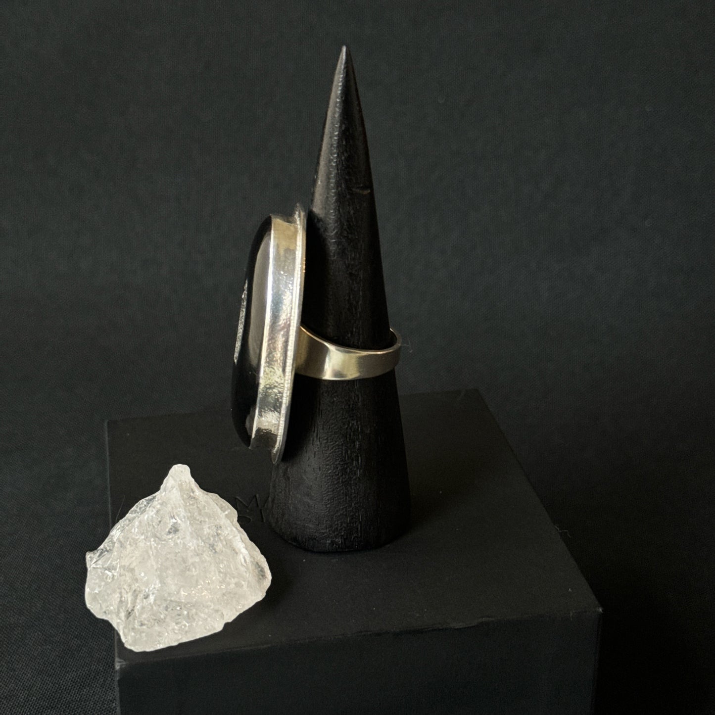 Large Oval Druzy Window Onyx Sterling Silver Ring - Size U 1/2